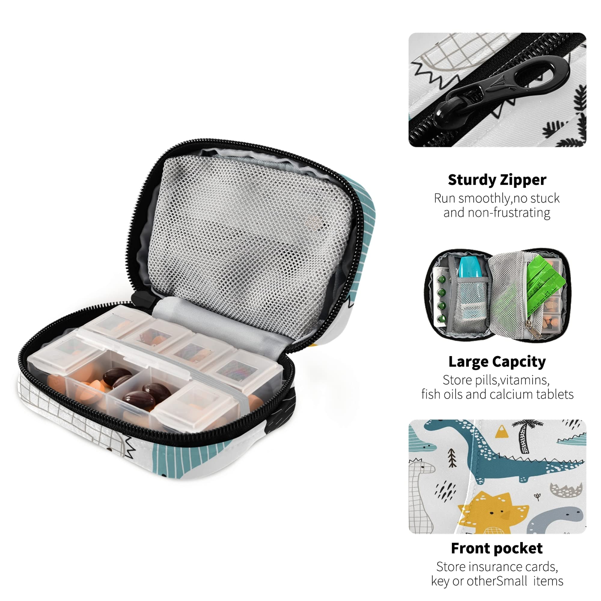 Dinosaur Pill Organizer Case - 7 Day White Dino Vitamin Box, Medicine Container & Supplement Holder | Perfect for Travel, Home Use & Daily Medication Management