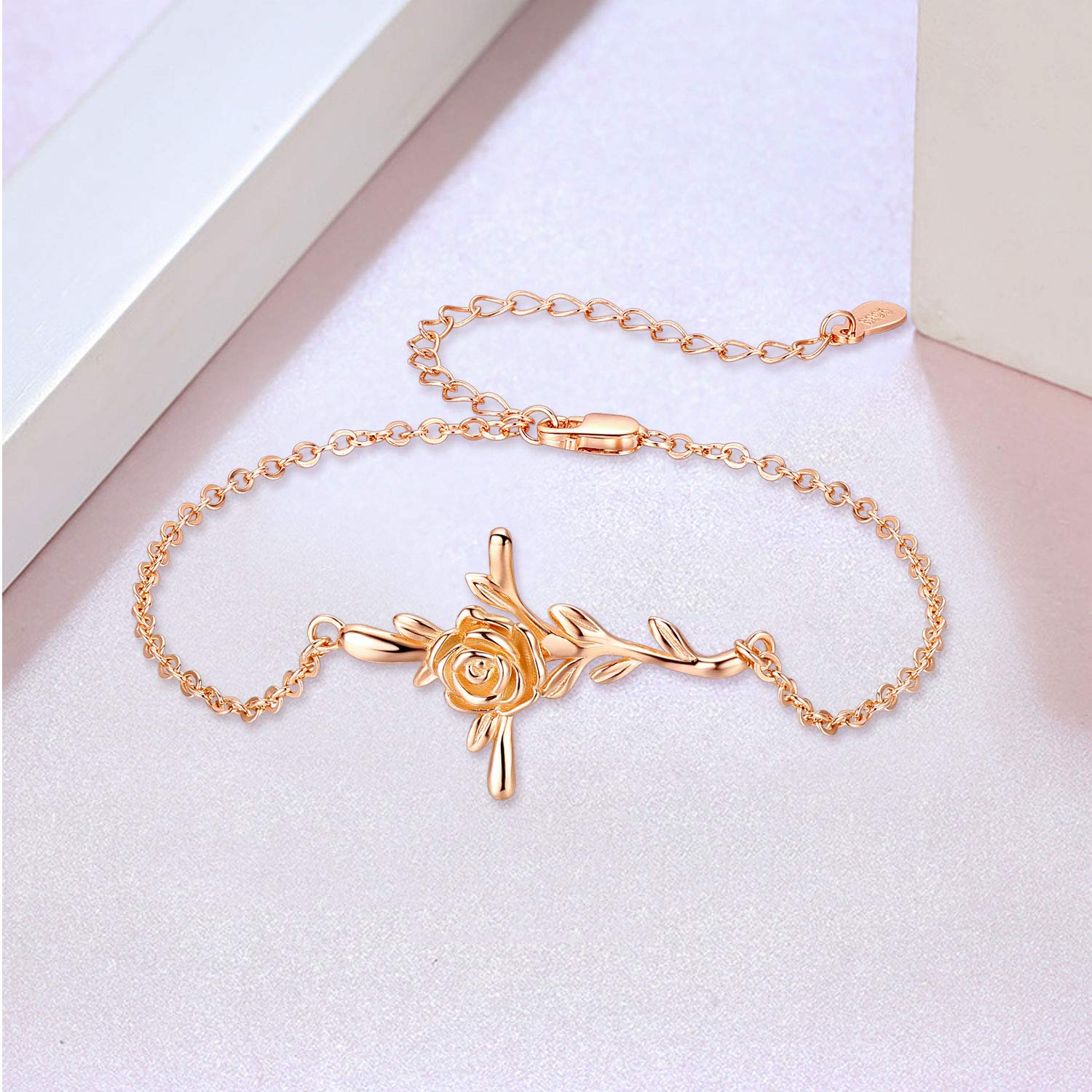 CUOKA MIRACLE Cross Bracelet - S925 Sterling Silver Rose Flower Bracelet with Rose Gold Plating, Religious Jewelry for Women, Men & Teens - Perfect Christmas Gift, Baptism, Confirmation & Everyday Faith Wear