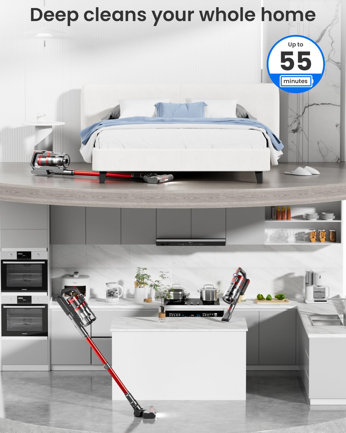 Powerful 550W Cordless Vacuum Cleaner with 45Kpa Suction - Lightweight Stick Vacuum for Hard Floors & Pet Hair - 55 Min Runtime, LED Display & Anti-Tangle Tech - Perfect for Home Cleaning, Quick Pickups & Pet Owners