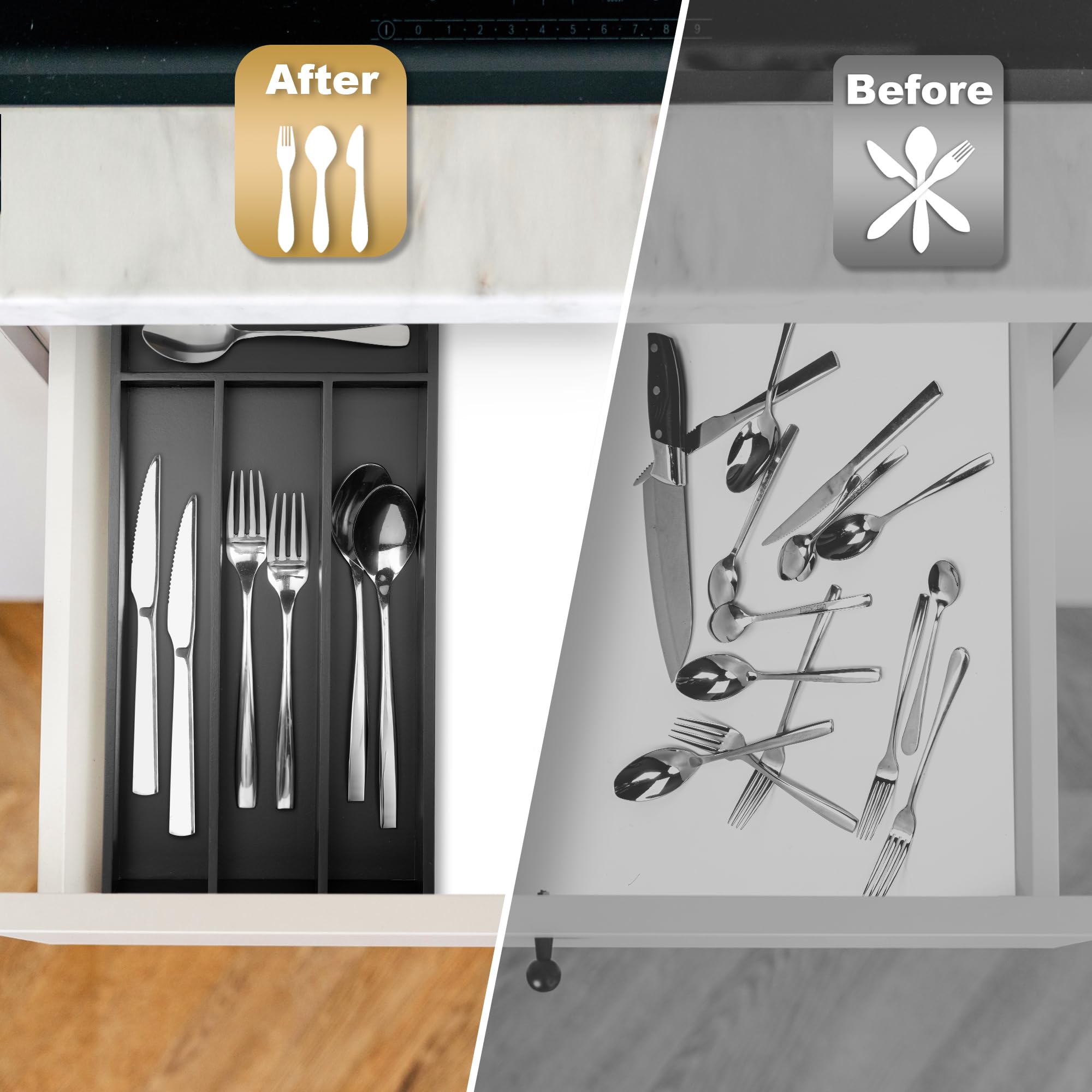 Premium Bamboo Silverware Organizer - 4 Slot Black Kitchen Drawer Tray for Utensils, Cutlery & Flatware | Space-Saving Drawer Storage Solution for Small Kitchens & Dining Areas