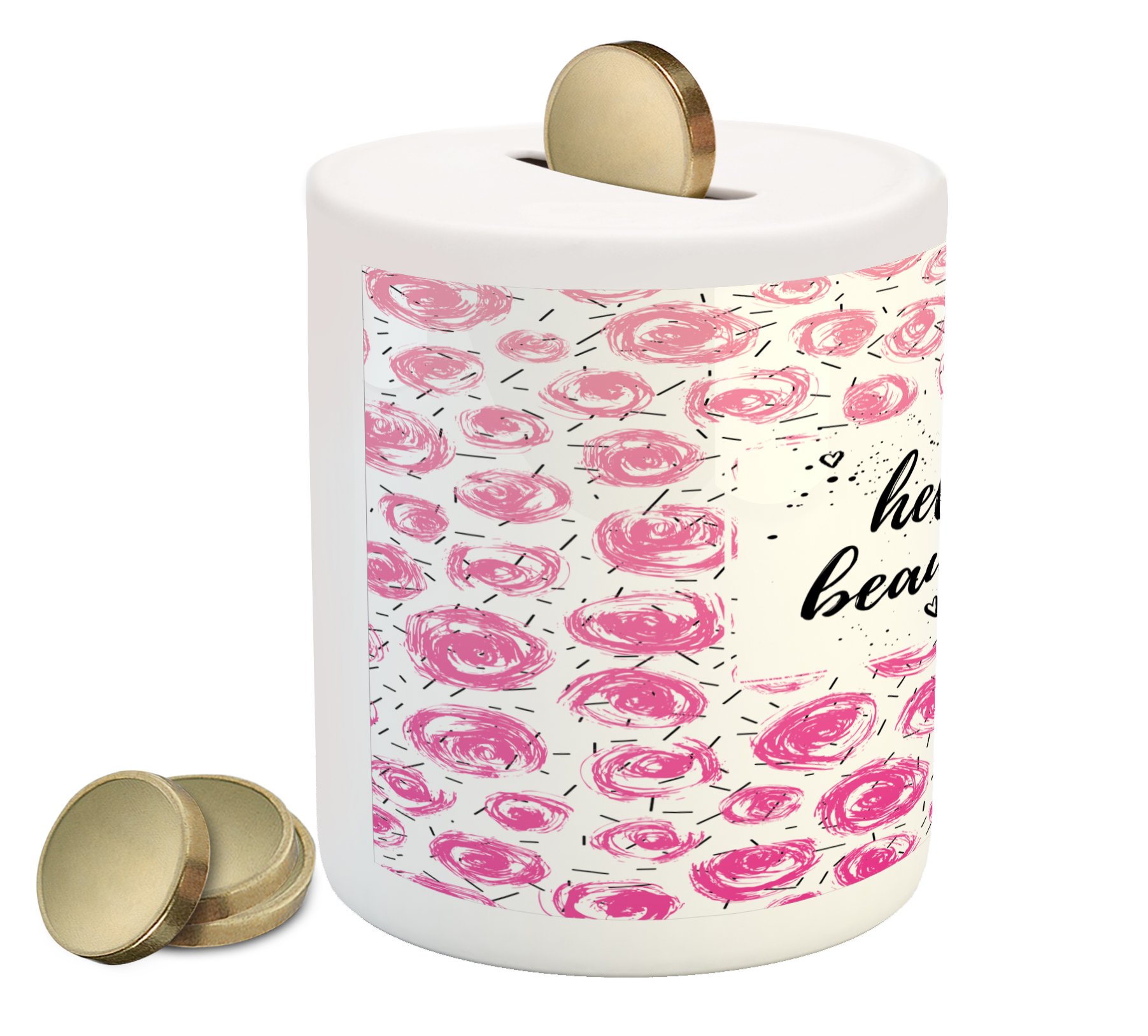 Ambesonne Ceramic Piggy Bank - Retro Floral Watercolor Design with 'Hello' Lettering, Pink Black White Money Box for Cash Savings | Perfect Gift for Kids, Collectors & Home Decor