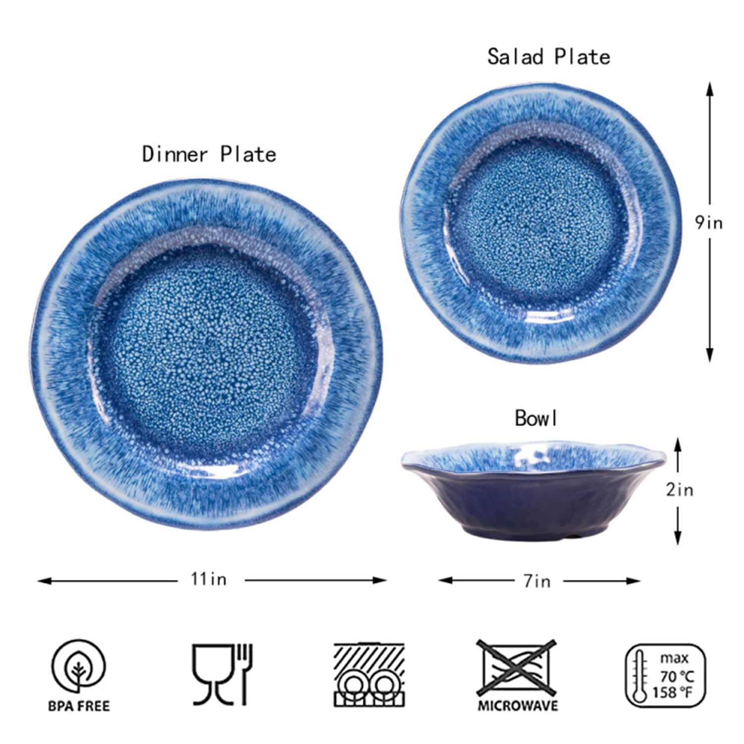 12-Piece Blue Melamine Dinnerware Set - Shatterproof, Dishwasher Safe Plates & Bowls - Perfect for Indoor Dining, Outdoor Picnics, Camping & Parties