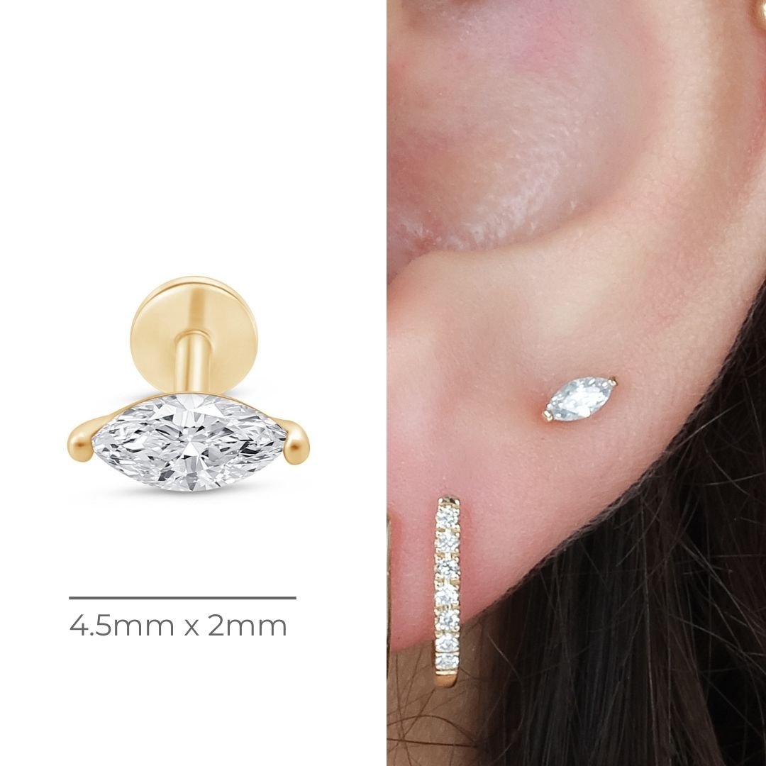 14k Yellow Gold Marquise Gemstone Flat Back Stud Earrings - Elegant Dainty Jewelry for Women, Perfect for Everyday Wear, Parties & Special Occasions