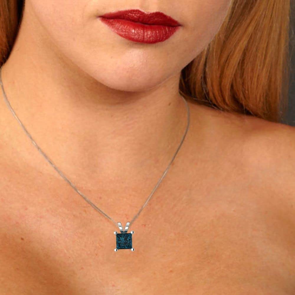 0.50ct Princess Cut Natural London Blue Topaz Solitaire Pendant Necklace - 14K White Gold with 18