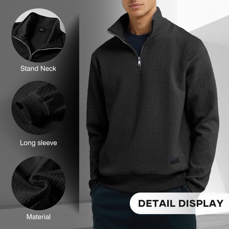 Men's Quarter Zip Sweatshirt - Casual Mock Neck Pullover with Geometric Waffle Texture | Long Sleeve Solid Color Fleece Top for Outdoor Activities & Lounge Wear
