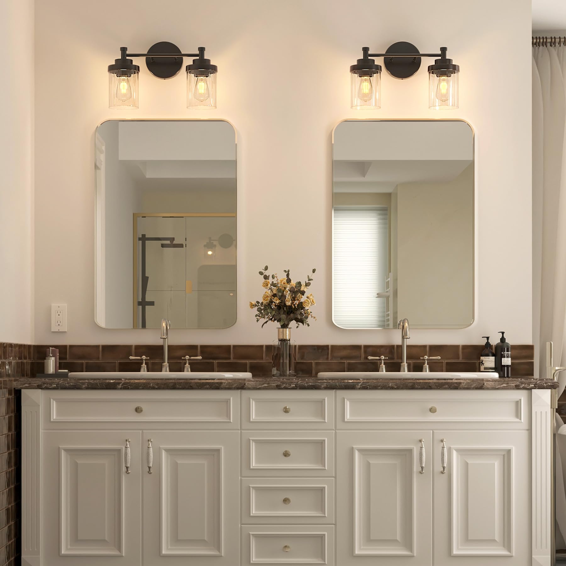 Black Bathroom Vanity Lights 2-Light Over Mirror with Glass Shades for Modern Bathrooms