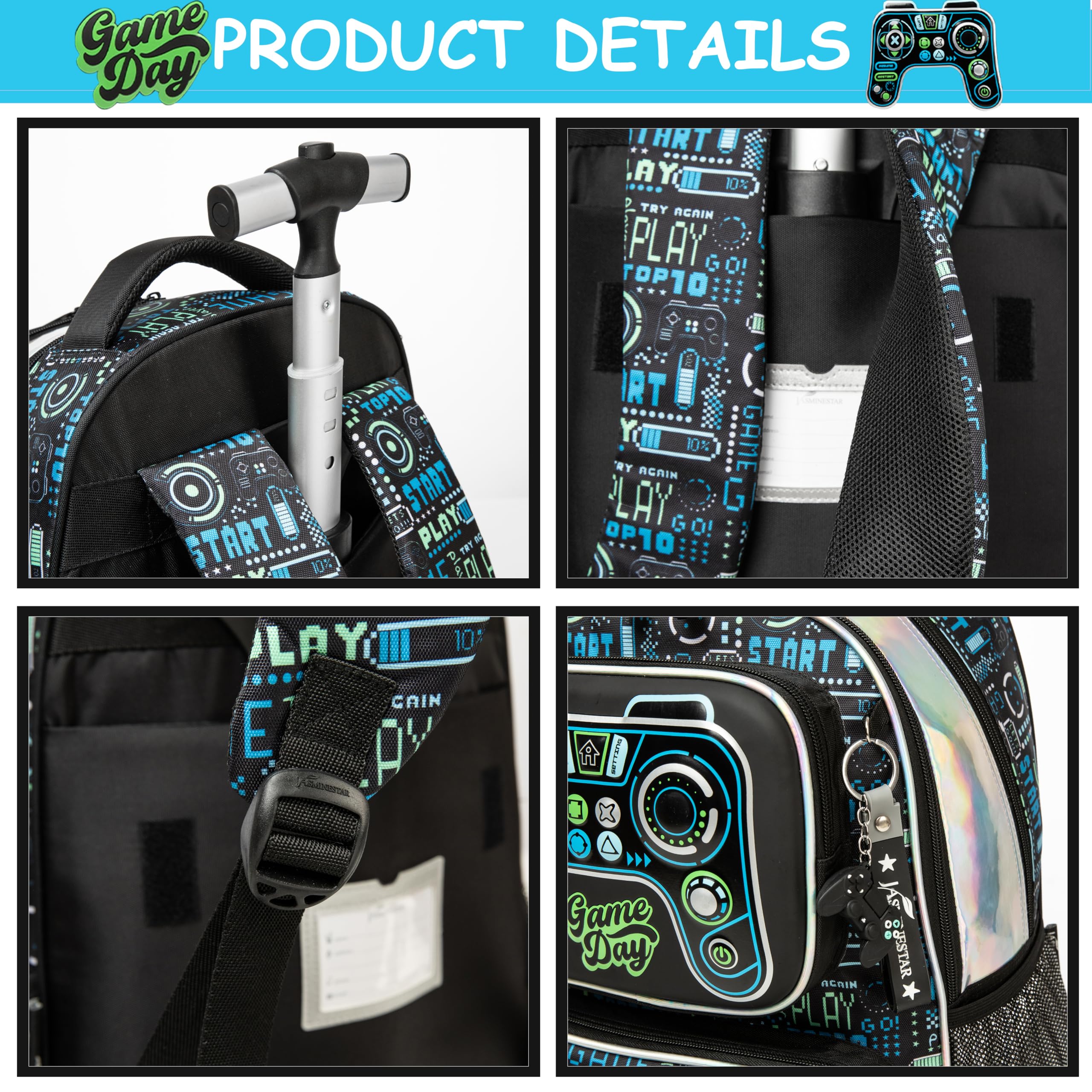 Kids Rolling Backpack with Wheels & Lunch Box - Durable School Backpack for Boys & Girls - Perfect for School, Travel & Daily Use (Black)