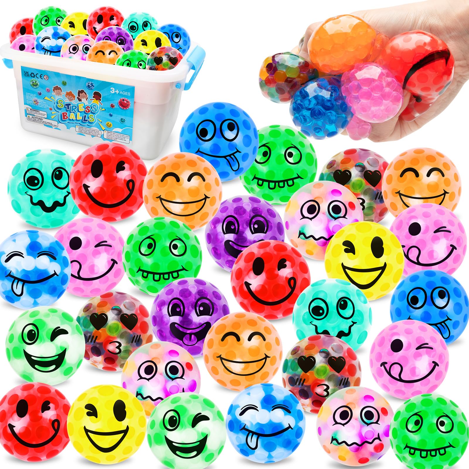 30 Pack Smile Stress Balls - Bulk Fidget Toys for Adults & Kids, Anxiety Relief Sensory Toys, Party Favors for Birthdays, Office Gifts & Classroom Rewards