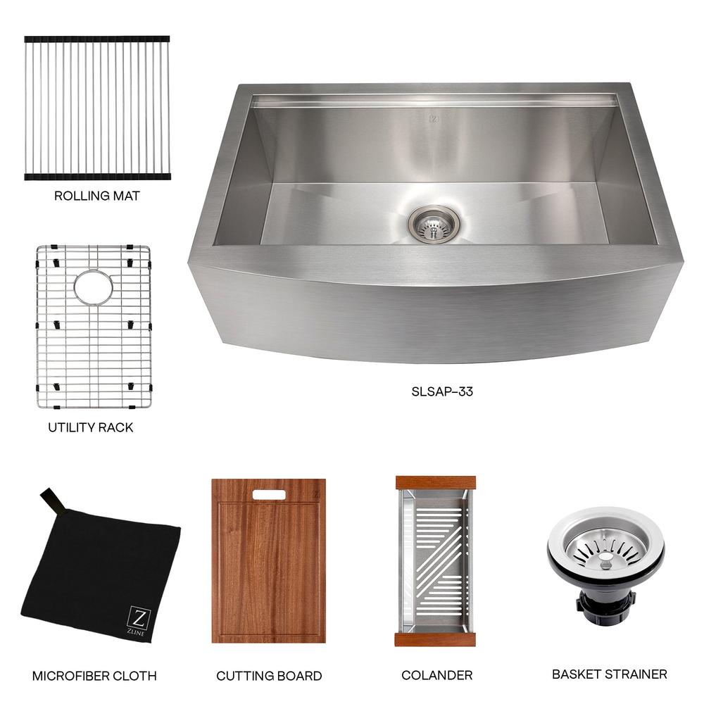 ZLINE Moritz 33-inch Farmhouse Apron Front Stainless Steel Kitchen Sink - Single Bowl Design with Bottom Grid & Accessories (SLSAP 33) - Perfect for Rustic & Modern Farmhouse Kitchens, Renovations & DIY Projects
