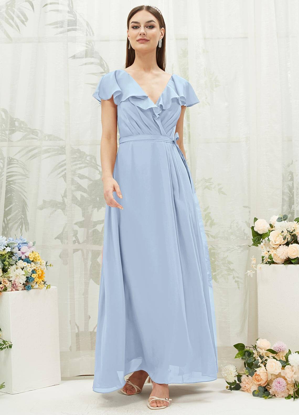 Cornflower Blue Chiffon Bridesmaid Dress with Ruffle Sleeves & V-Neck Slit - Elegant Formal Gown for Weddings, Prom, Evening Parties & Special Occasions