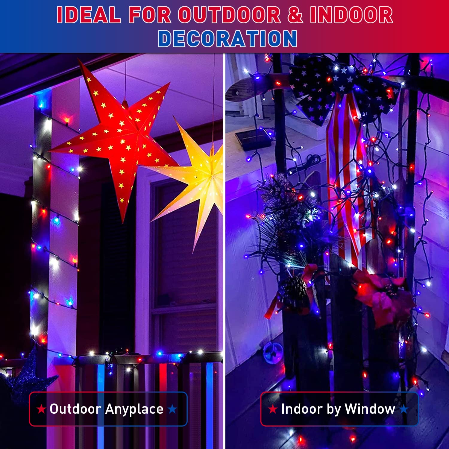 JMEXSUSS 2 Pack 100 LED Red White Blue Solar String Lights - 33ft Waterproof Patriotic Lights with 8 Modes for 4th of July, Independence Day, Garden, Tree, Yard, Patio - Perfect for Outdoor Decorations & Party Lighting