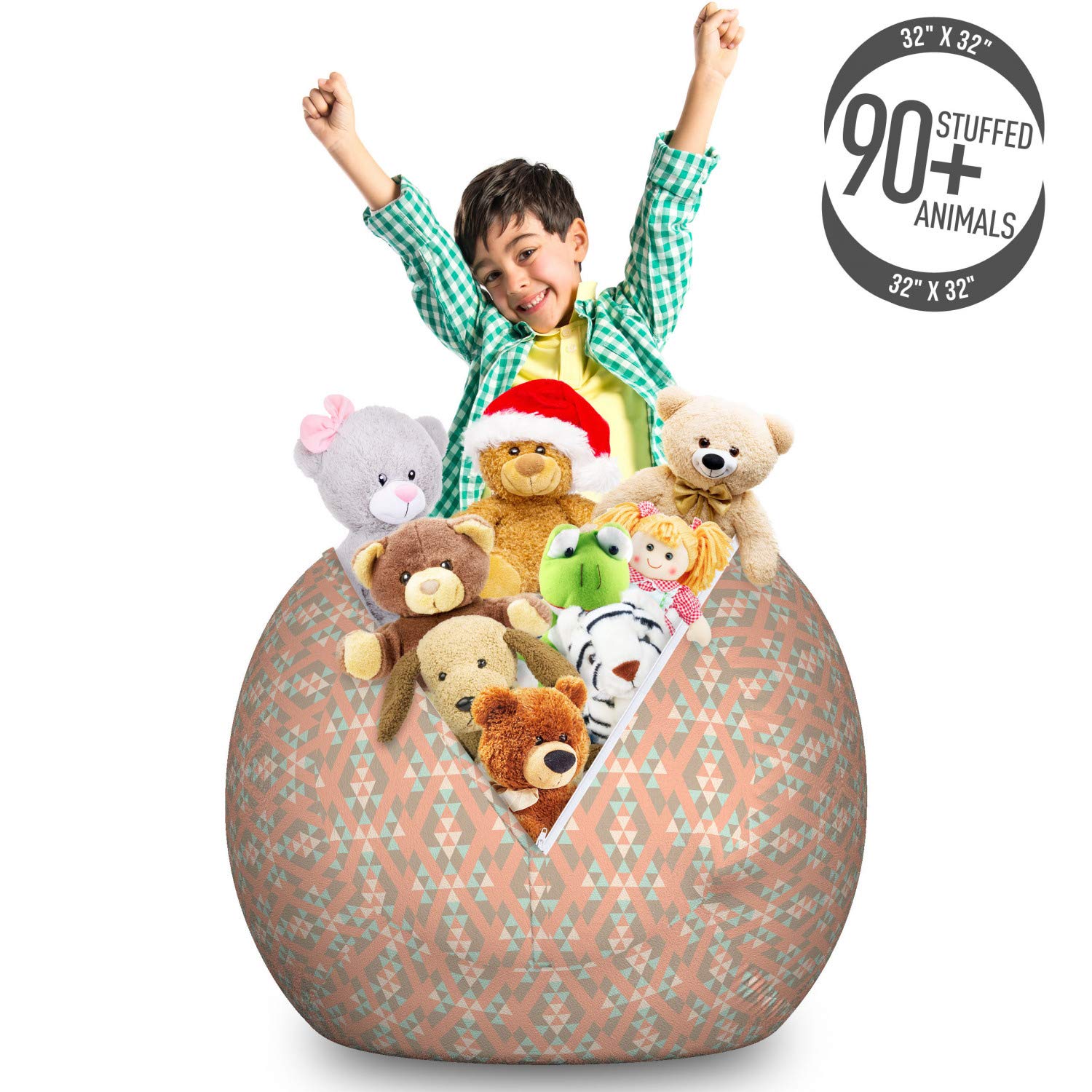 Ambesonne Geometric Storage Toy Bag Chair - Tribal Inspired Triangle Motif, Large Washable Stuffed Animal Organizer (Salmon Almond Green) | Kids Room Decor, Playroom Storage & Cozy Reading Nook Seat