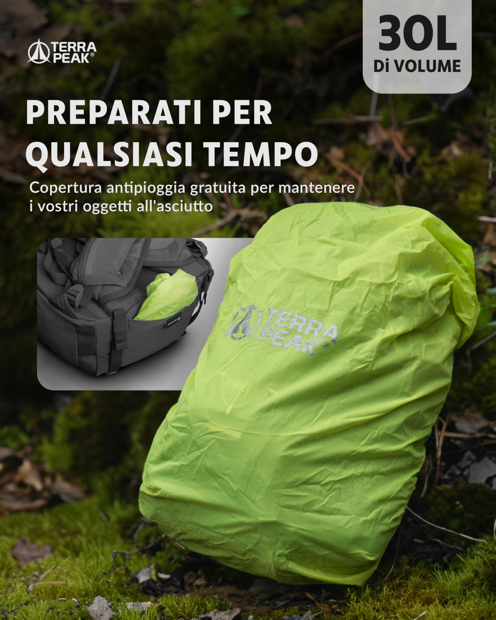 Terra Peak 30L Hiking Backpack - Lightweight Trekking Backpack with Ventilated Back Panel, Hydration Compatible & Rain Cover - Perfect for Outdoor Adventures, Camping & Travel