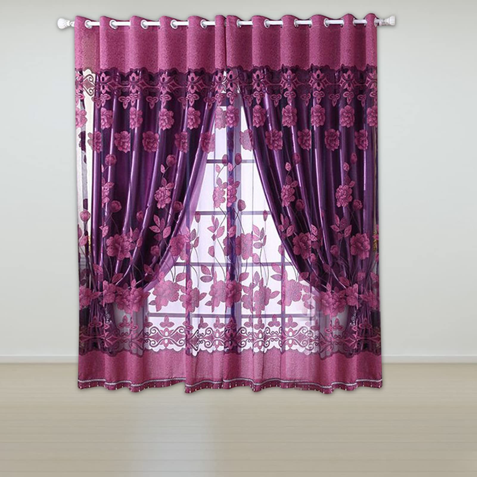 Thermal Insulated Blackout Curtains - Purple Polyester Voile Flower Window Drapes 100x250cm for Bedroom, Living Room & Kitchen - Energy Saving & Light Blocking for Better Sleep & Privacy