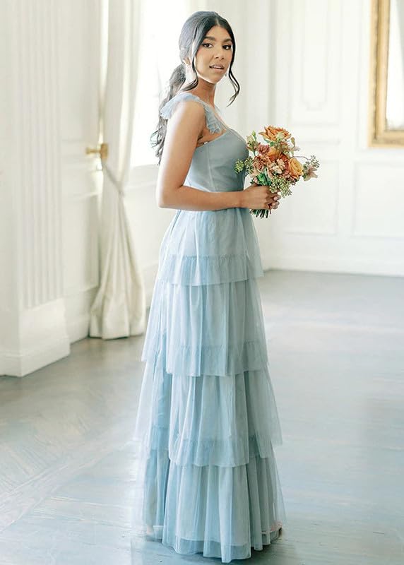 Elegant Women's Tulle Tiered Bridesmaid Dress - Long A-Line with Slit, Spaghetti Straps & Ruffles for Formal Weddings | Perfect for Bridal Party, Evening Galas & Special Occasions