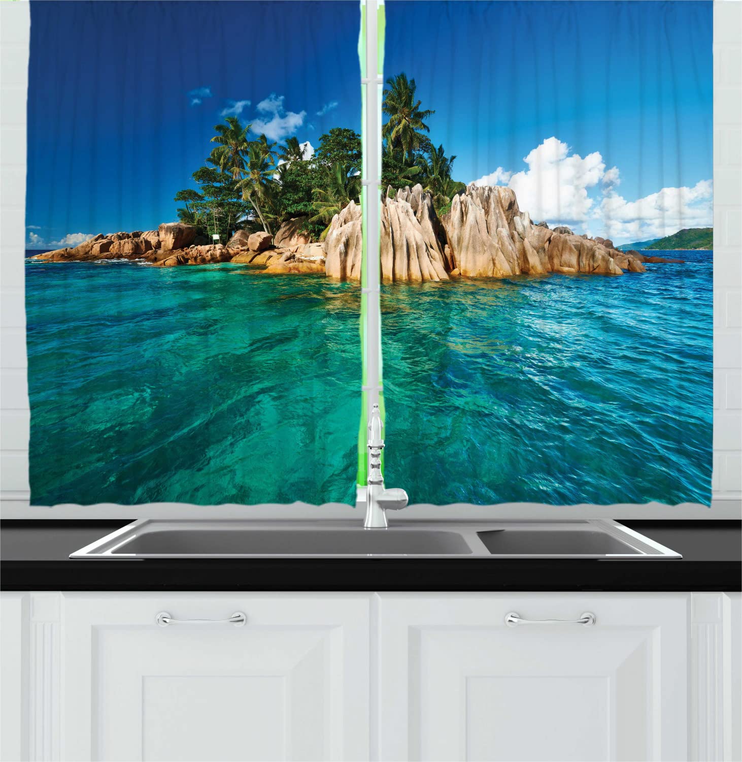 Ambesonne Island Long Kitchen Curtains - Seychelles St Pierre Isle Landscape Print, 2 Panel Rod Pocket Drapes, 55x45 Inches, Cobalt Blue & Multicolor - Perfect for Coastal, Beach House & Tropical Home Decor