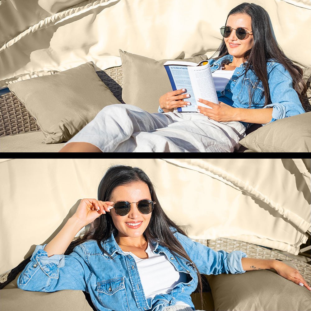 3 Piece Round Wicker Daybed Lounge Set with Canopy - Beige Boho Outdoor Patio Furniture for Poolside, Garden, and Backyard Relaxation