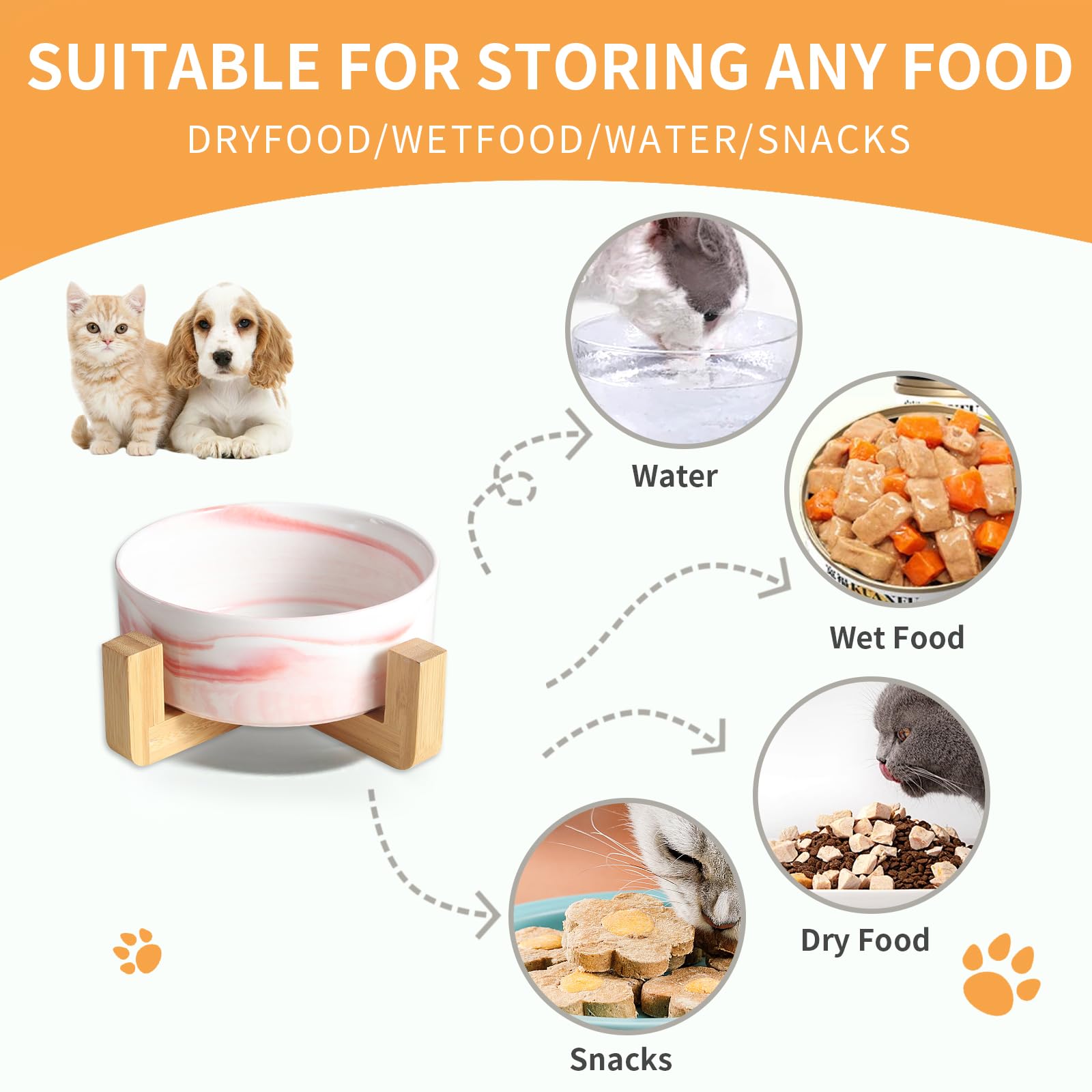 Ceramic Elevated Dog & Cat Bowl Set with Wood Stand - 28oz Durable Pet Food & Water Dish - Modern Weighted Design in Marble Pink for Small to Medium Pets - Perfect for Dining, Kitchen, or Living Room Use