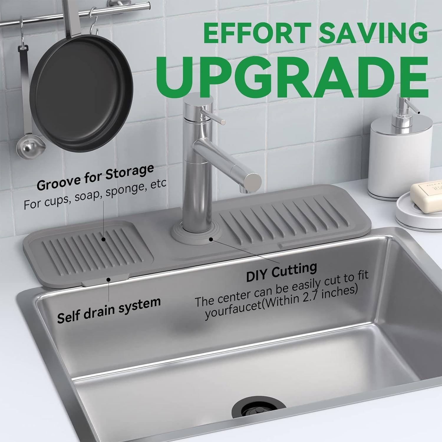 UNIQUE CART Silicone Faucet Mat - Dish Soap Sponge Holder, Drying Mat for Kitchen & Bathroom Sink, Splash Guard for Countertops, Perfect for Modern Homes and Compact Spaces (Grey)