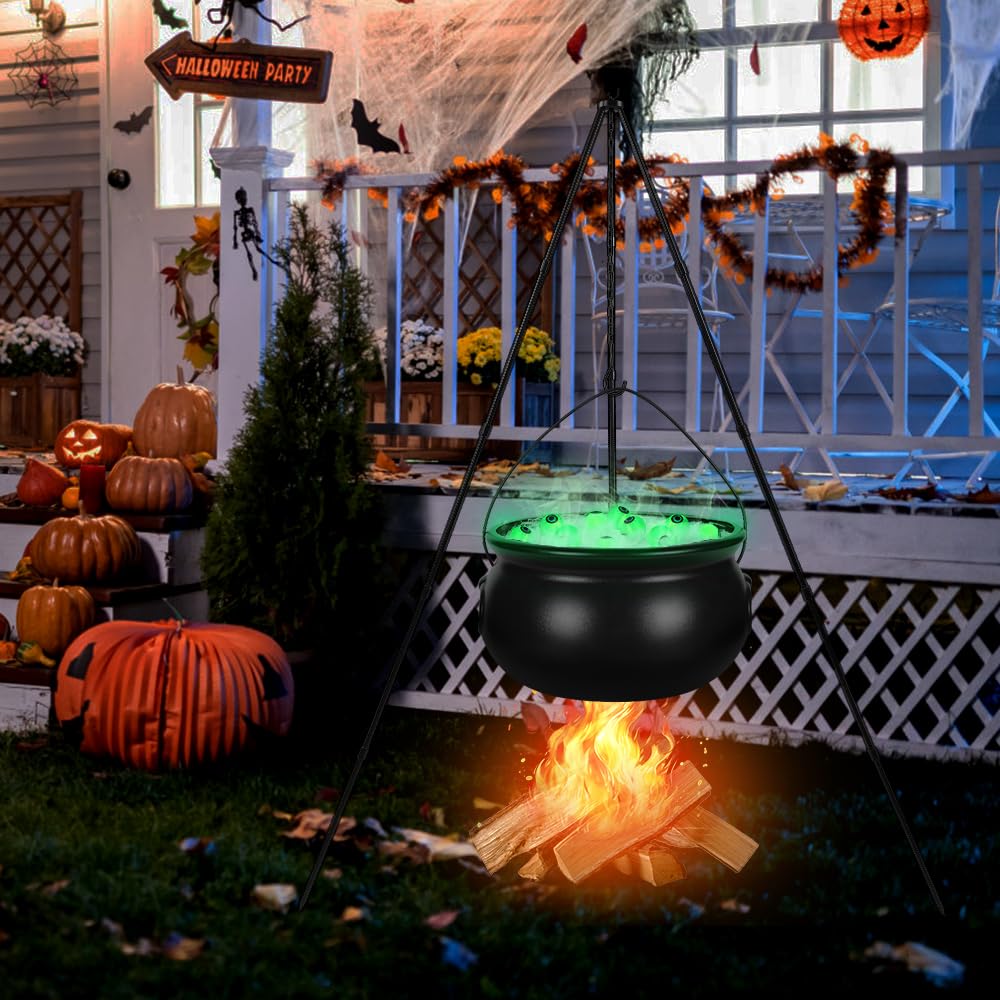 Black Plastic Witches Cauldron with LED String Lights - Large Halloween Party Bowl for Home, Porch & Yard Decorations | Perfect for Spooky Decor, Trick-or-Treat Candy Bowl & Halloween Party Centerpiece