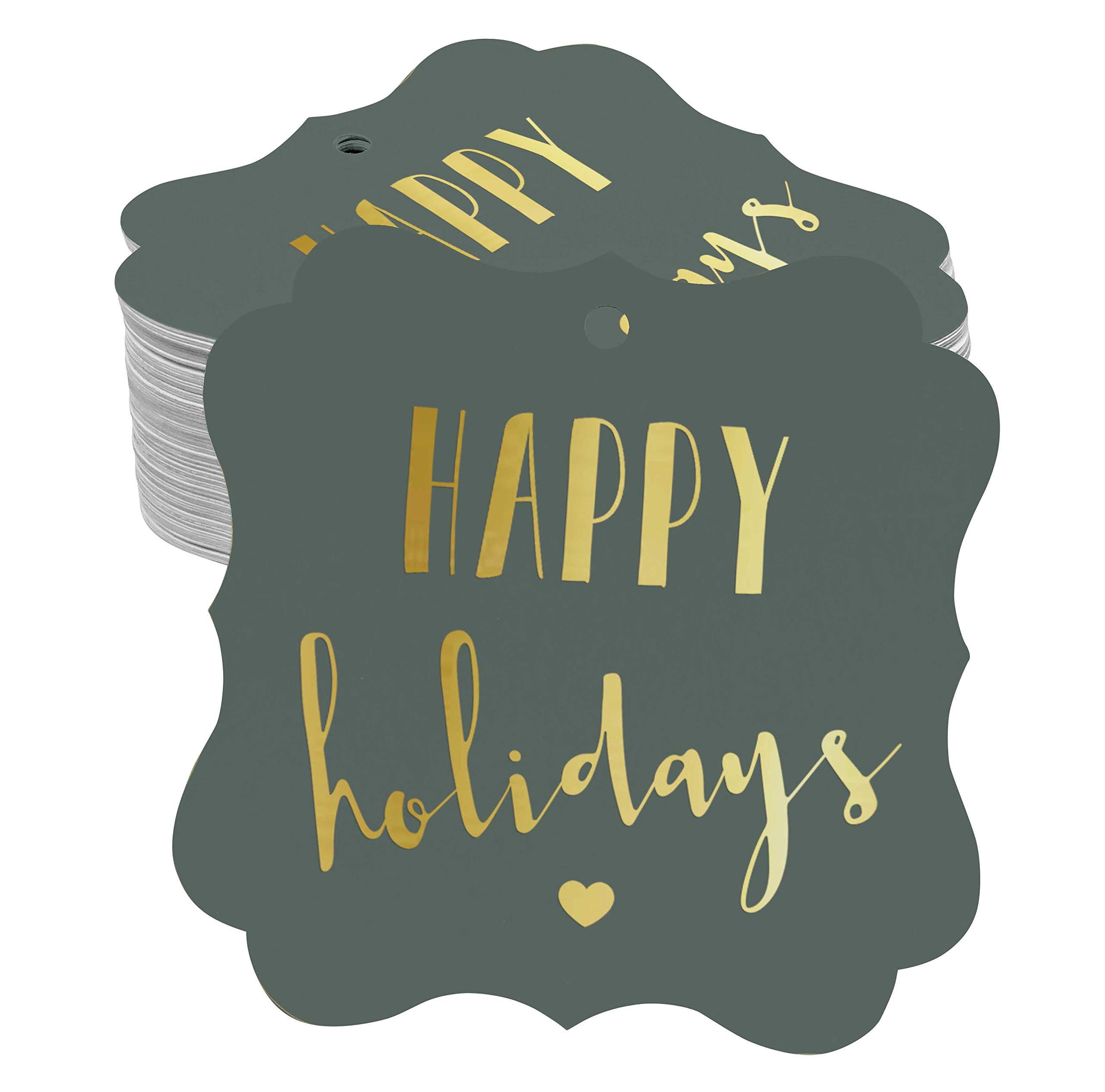 50 Pack Happy Holiday DIY Paper Tags - Bracket Shape with Real Gold Foil - Perfect for Christmas Gifts, Party Favors & Craft Projects