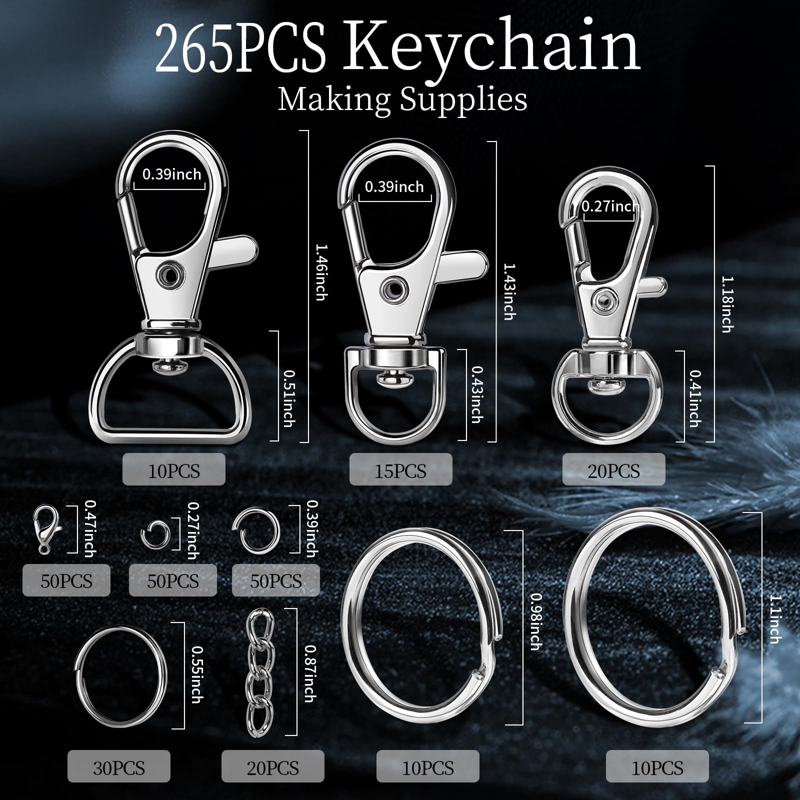 LEOBRO 265PCS Keychain Accessories Kit - Metal Lobster Claw Clasps, Key Rings & Silver Keychain Clips for Keys, DIY Crafts & Organization - Perfect for Home, Office, Travel & Gift Giving