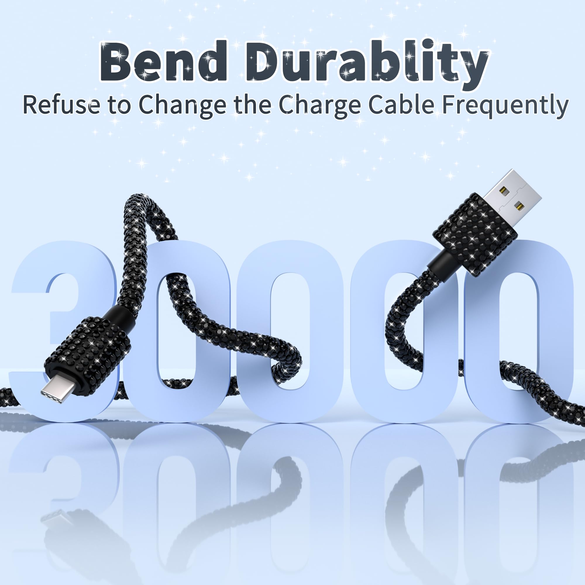60W USB to USB C Fast Charging Cable 4FT - Bling Sparkling Black Diamond Braided Cord for iPhone 16/15/Plus/Pro/Max, Samsung Galaxy S25/S24/S23 - Perfect for Home, Office & Travel Charging