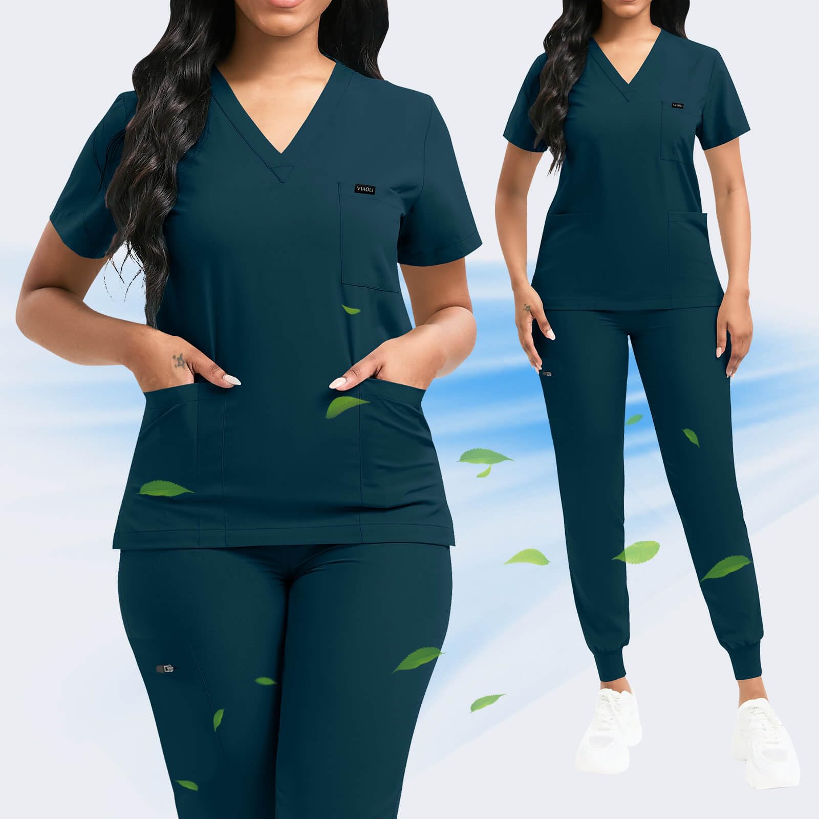 VIAOLI Women's Classic V-Neck Top & Yoga Jogger Pants Scrubs Set - Comfortable Medical Nursing Uniform for Healthcare Professionals - Perfect for Hospitals, Clinics & Long Shifts