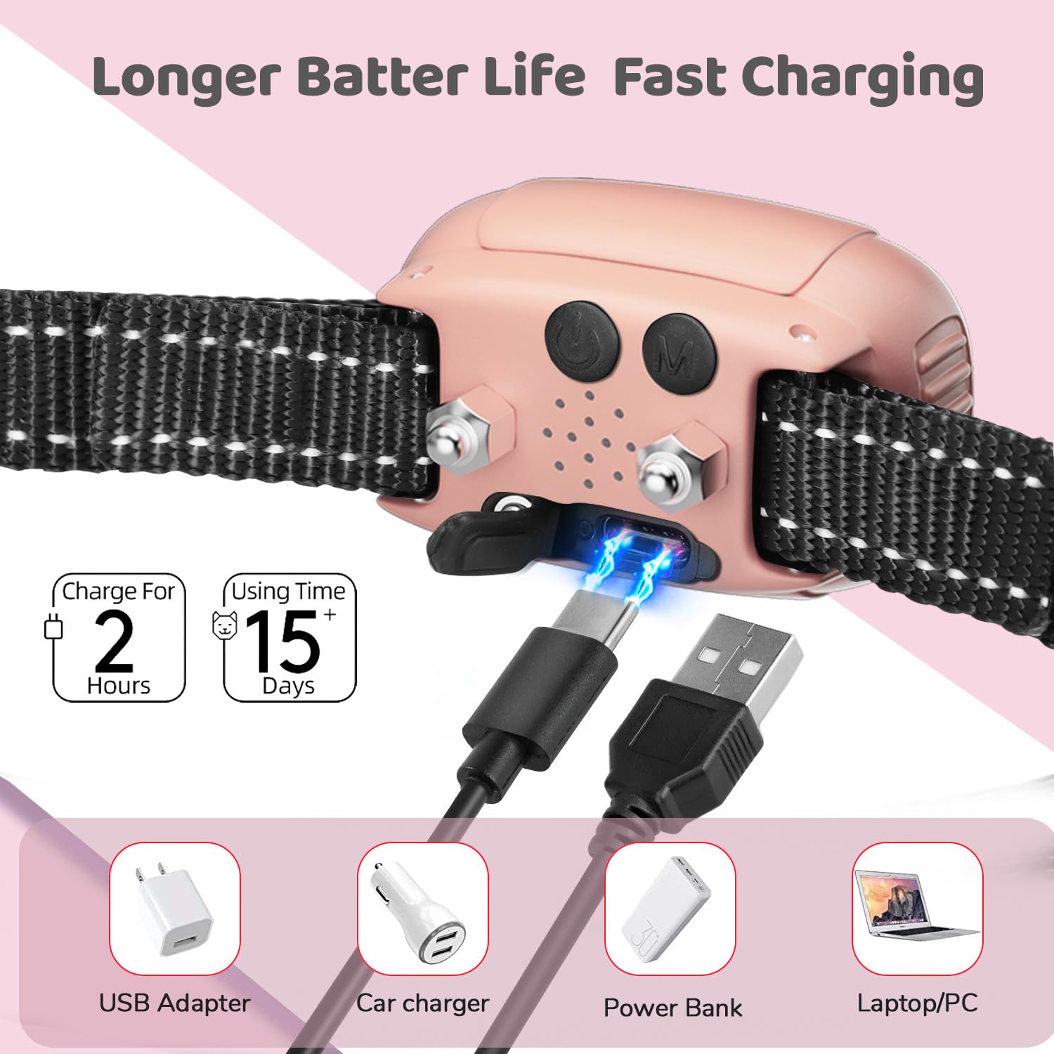 Rechargeable Anti Bark Collar for Dogs - Adjustable Beep & Vibration Training Collar with 5 Sensitivity Levels for Small, Medium & Large Dogs (Pink) | Effective No Bark Control for Home, Yard & Outdoor Use