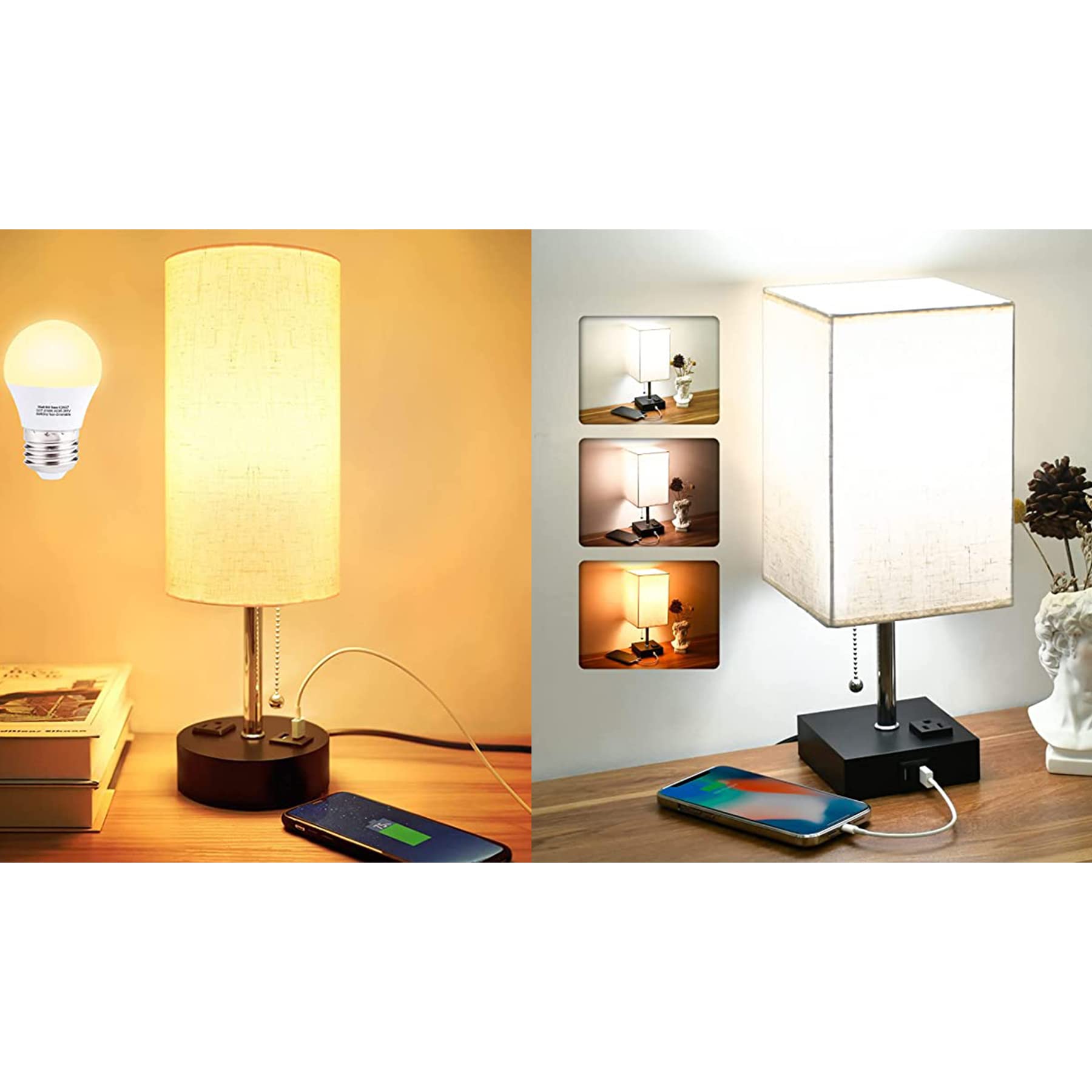Comzler USB Bedside Table Lamp with Charging Port - Small Nightstand Lamp with LED Bulb & Fabric Shade, Warm Ambient Light for Bedroom, Office, or Dorm - Perfect for Reading, Working & Device Charging