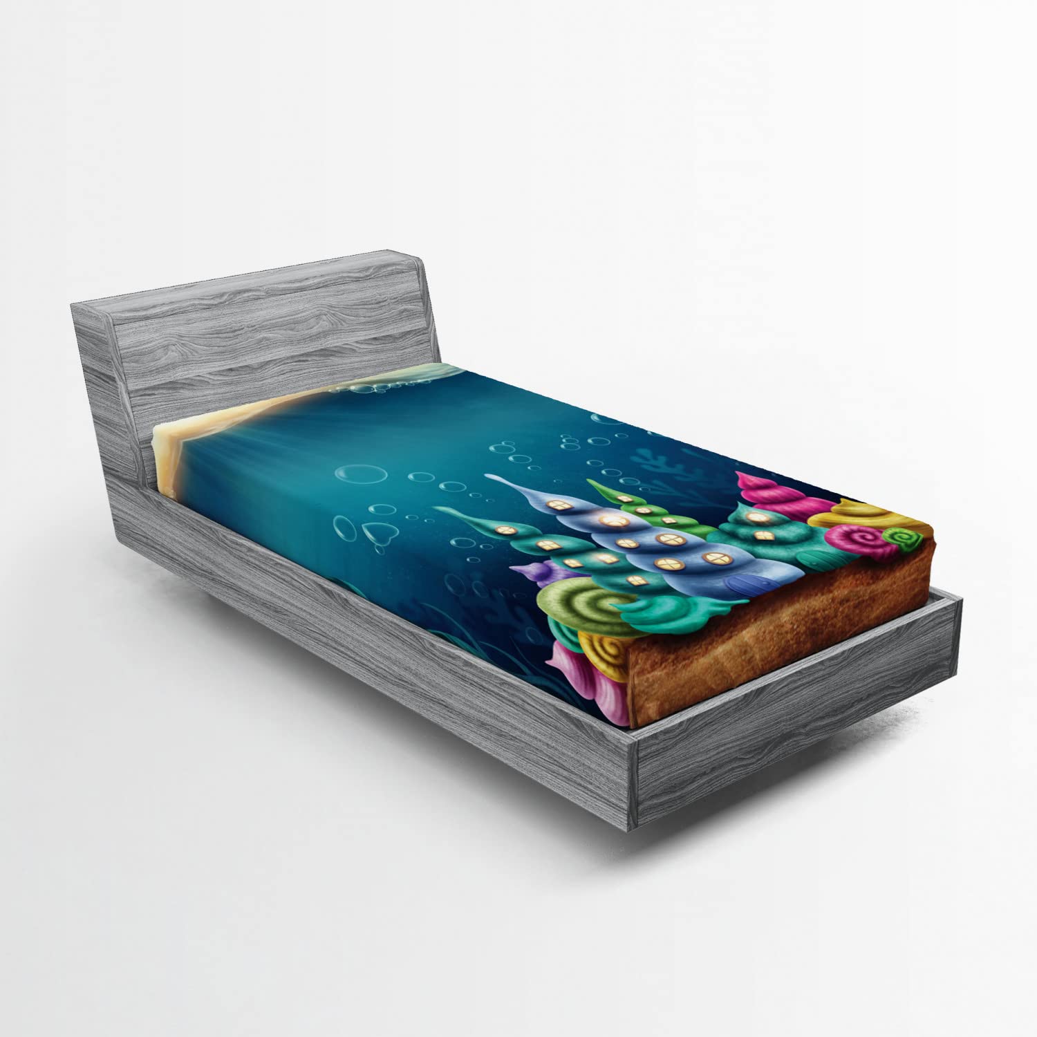 Ambesonne Ocean Fitted Sheet - Underwater Fantasy Kingdom with Shell Houses & Water Bubbles Cartoon Print, Deep Pocket Elastic Twin Size Bed Sheet in Teal Brown | Perfect for Kids' Rooms, Beach Themed Decor & Fantasy Bedroom Designs