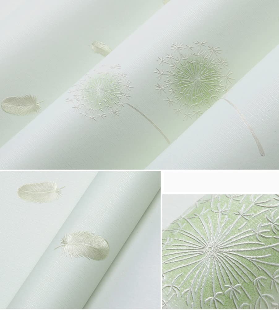 3D Embossed Dandelion Feather Self-Adhesive Wallpaper - Green Peel and Stick Contact Paper for Living Room, Bedroom, Hallway Decor (0.53x9m) | Easy DIY Home Renovation & Wall Covering Solution