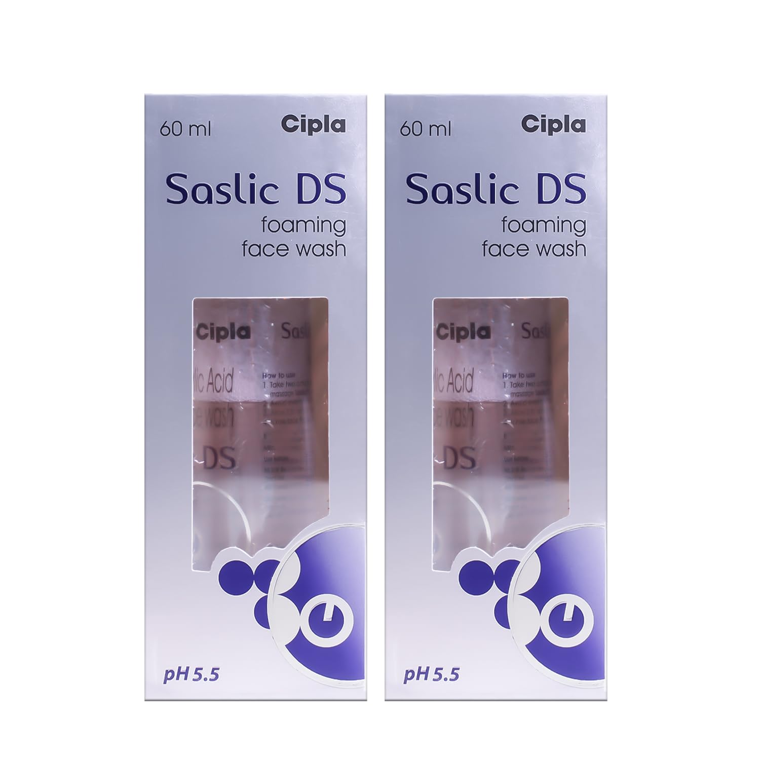 Saslic DS Foaming Face Wash for Sensitive Skin - 60ml (Pack of 2) - Gentle Daily Cleanser for Acne & Oily Skin Care Routine