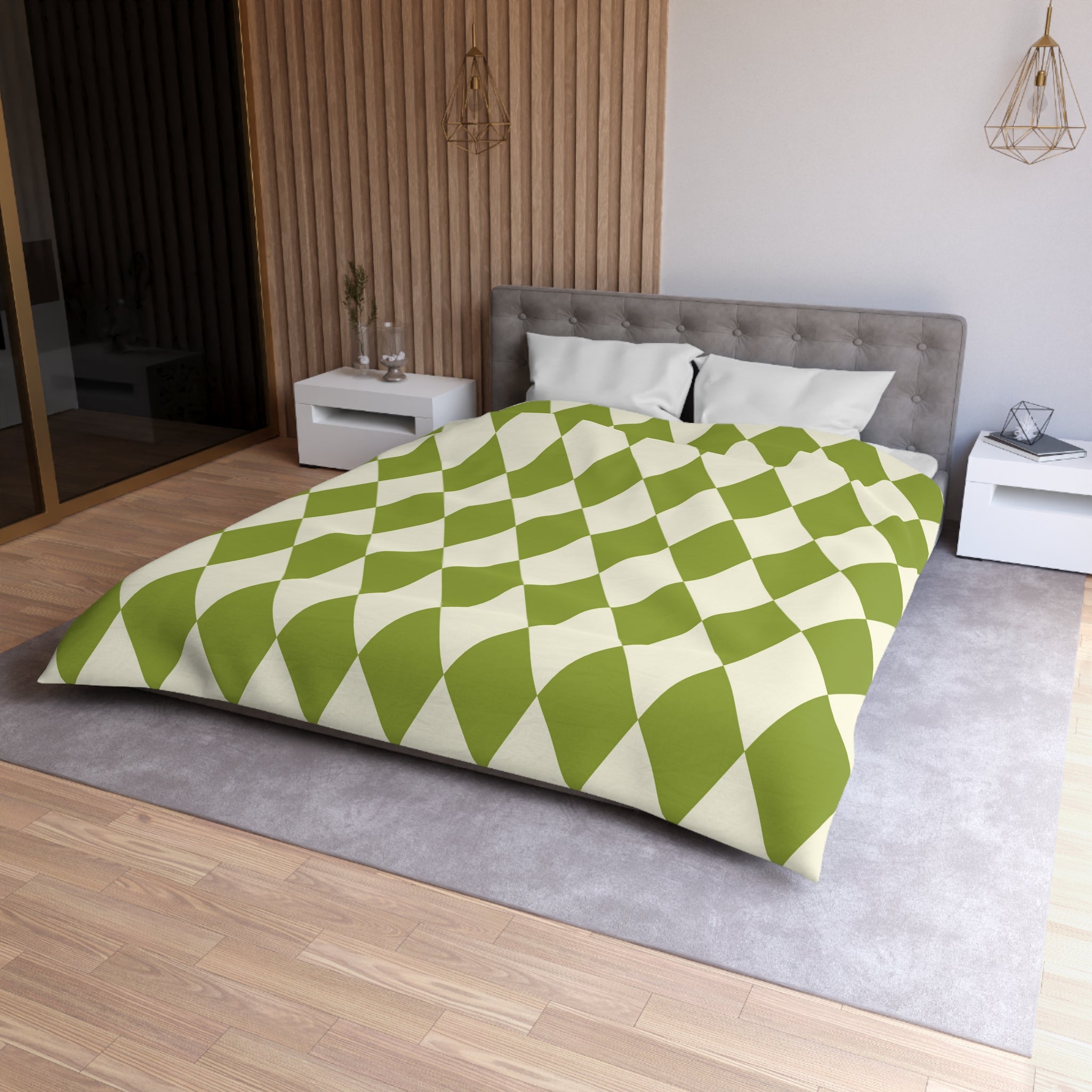Harlequin Microfiber Duvet Cover Set - Green & Off White Diamond Pattern Bedding - Soft Queen/King Size Duvet Cover for Cozy Bedroom Decor