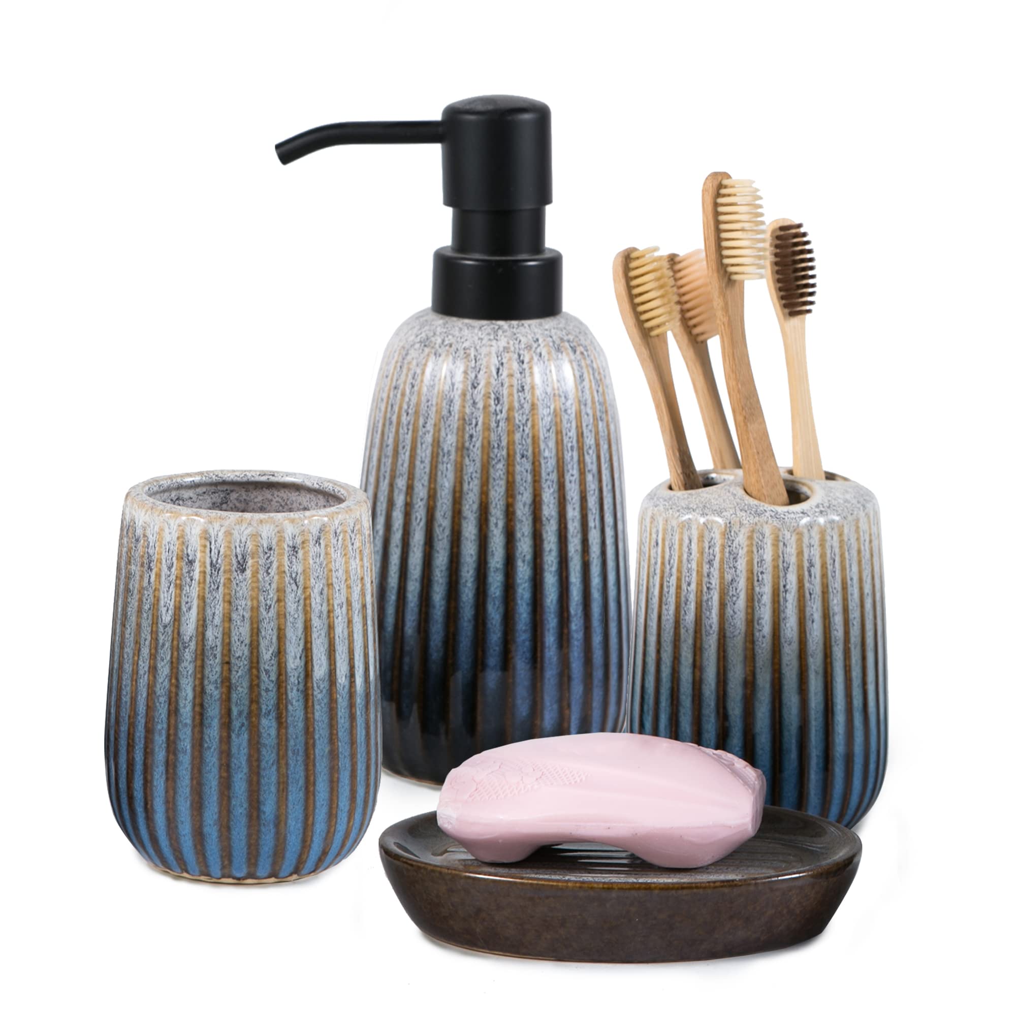 Premium 4-Piece Ceramic Bathroom Accessories Set - Elegant Vanity Countertop Organizer with Soap Dispenser, Toothbrush Holder, Tumbler & Soap Dish | Perfect for Modern Home Decor, Guest Bathrooms & Spa-Style Luxury