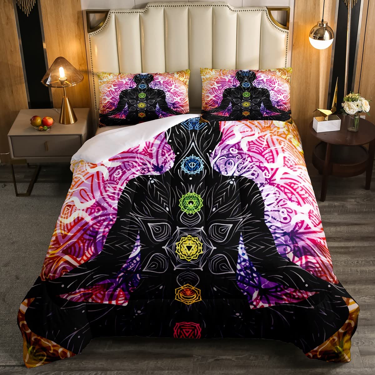Feelyou Zen Spiritual Comforter Set - Chakra Boho Mandala Duvet Cover Queen Size | Lightweight Bohemian Bedding with Floral Print | Perfect for Kids' Rooms, Meditation Spaces & Hippie Style Decor