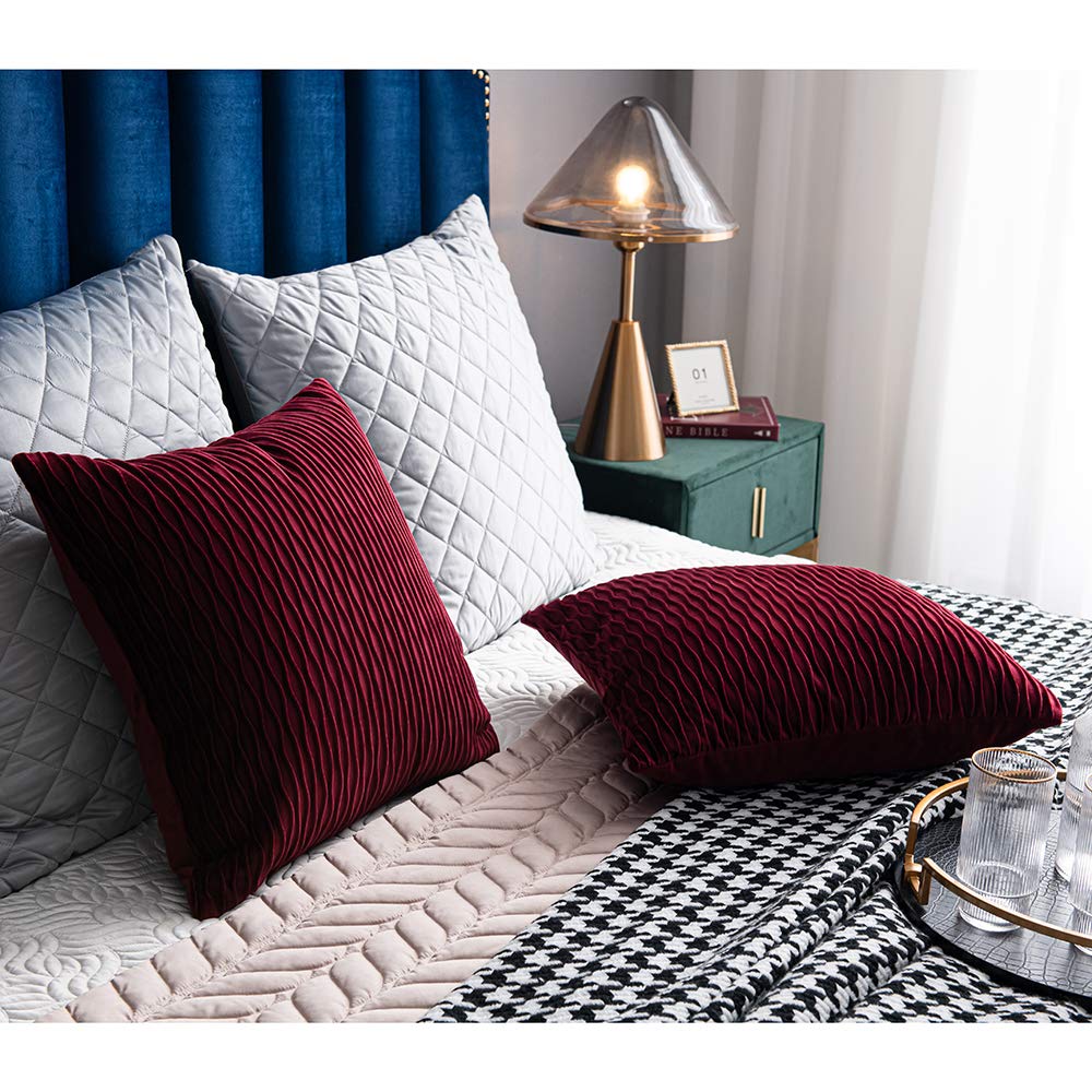 DEZENE 2 Pack 20x20 Inch Burgundy Striped Velvet Square Throw Pillow Covers - Decorative Farmhouse Couch Pillow Cases for Living Room, Bedroom & Sofa Decor