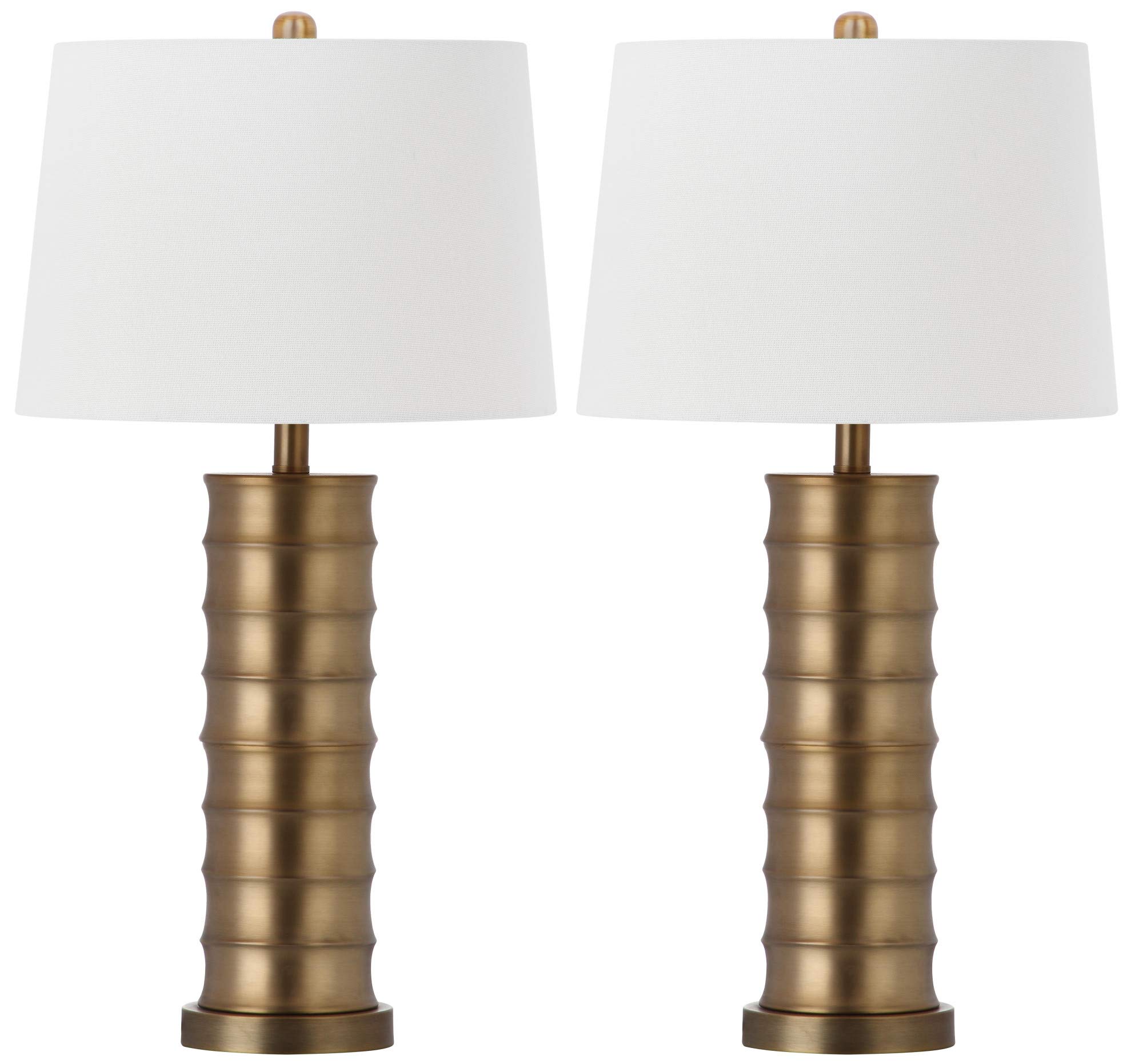 SAFAVIEH Linus Farmhouse Brass Column Gold 29-inch Table Lamp Set of 2 with LED Bulbs - Vintage Style Lighting for Bedroom, Living Room, Home Office & Nightstand | Perfect for Reading, Working & Cozy Ambience