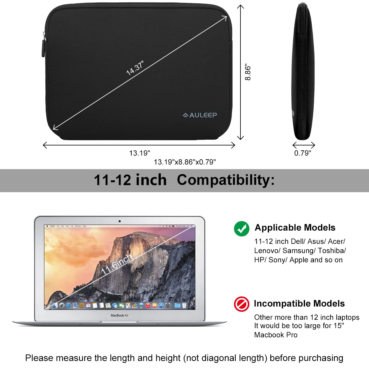 AULEEP 11-12 Inch Neoprene Laptop Sleeve, Water-Resistant Notebook & Tablet Carrying Case for Acer/Asus/Dell/Lenovo/HP, Black - Perfect for Office, School, and Travel