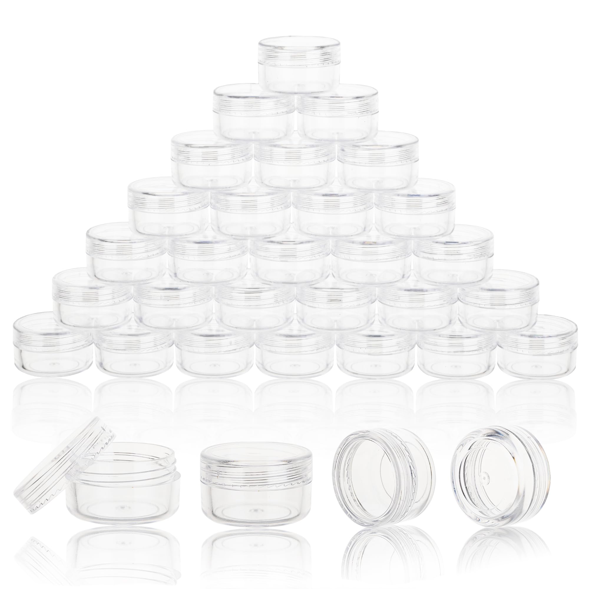 50-Pack 3 Gram Clear Plastic Sample Jars with Lids - Small Lip Balm Containers Includes 4 Mini Spoons & 50 Labels (Clear Lid) - Perfect for DIY Cosmetics, Travel Toiletries & Sample Storage