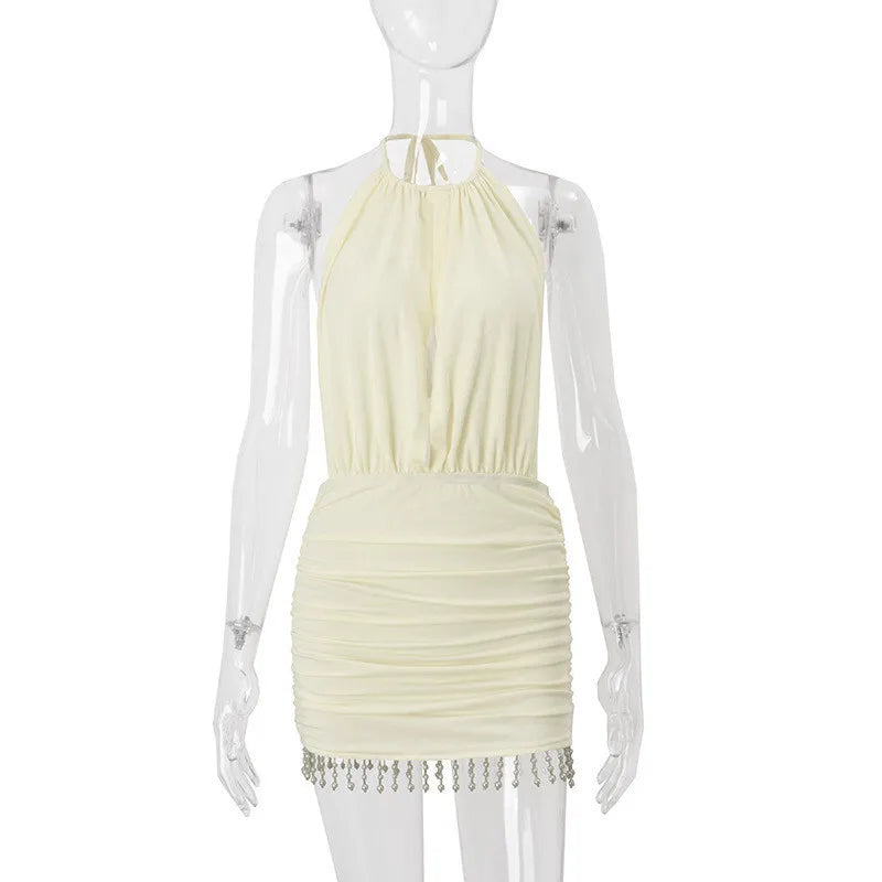 Sexy Backless Tassel Mini Dress for Women - Summer Hollow Out Halter Sleeveless High Waist Ruched Bodycon Club Dress | Perfect for Night Out, Party, and Date Night