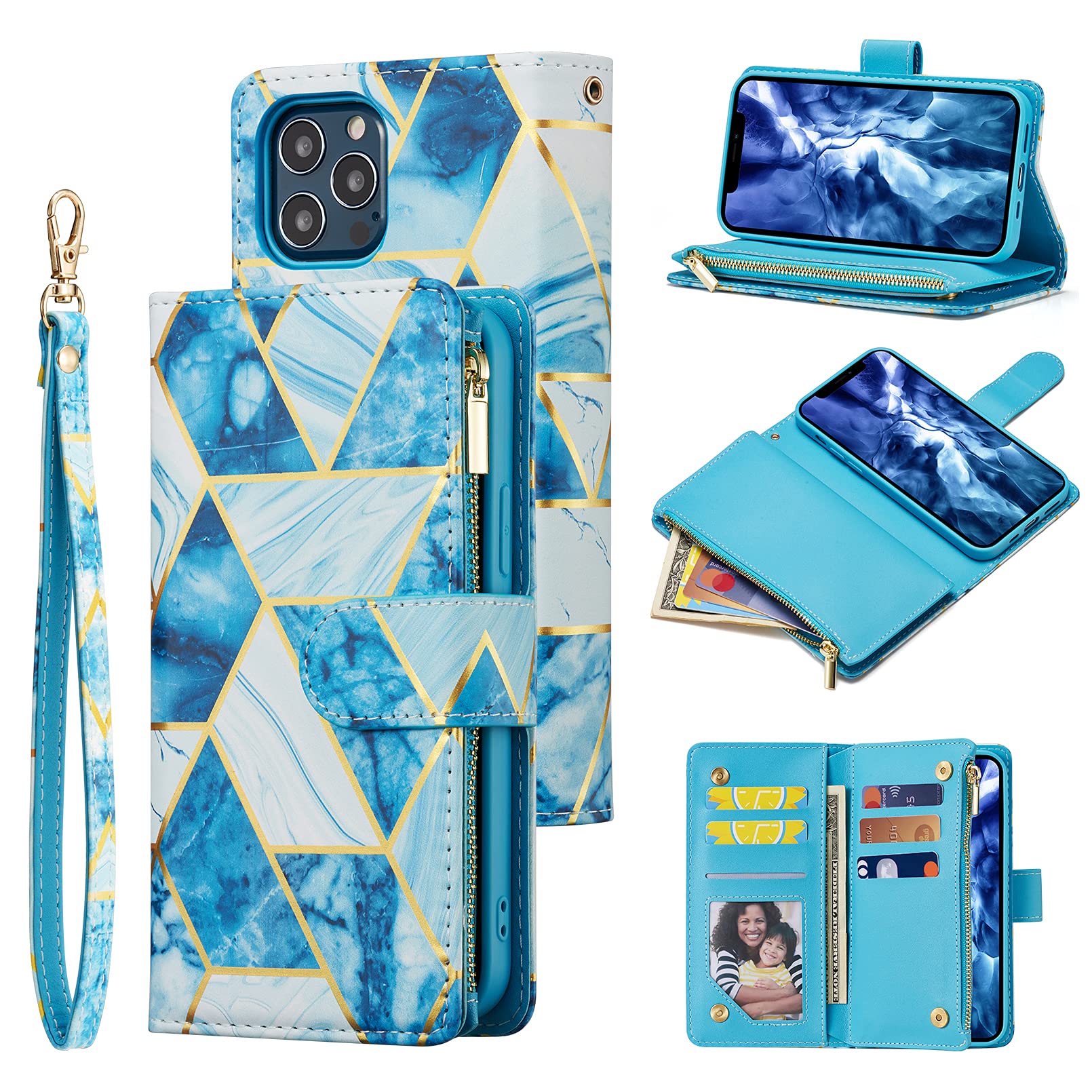 Premium PU Leather Wallet Case for iPhone 12 Pro Max - Magnetic Closure, Zipper Pocket, Kickstand & Card Slots with Hand Strap | Stylish Marble Blue Flip Phone Case for Women | Perfect for Work, Travel & Everyday Use
