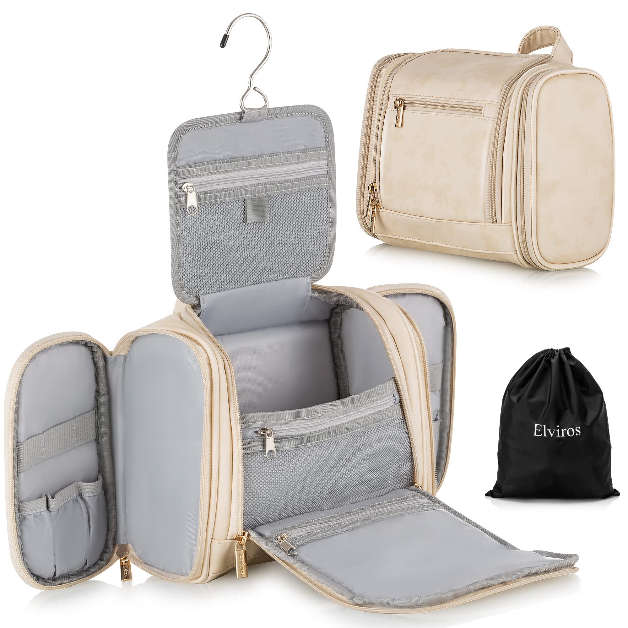 Elviros Large PU Leather Travel Hanging Toiletry Bag for Women & Men - Waterproof Cosmetic Organizer with Hooks, Perfect for Bathroom, Shaving Kit & Makeup Storage (Beige) - Ideal for Camping, Gym & Business Trips