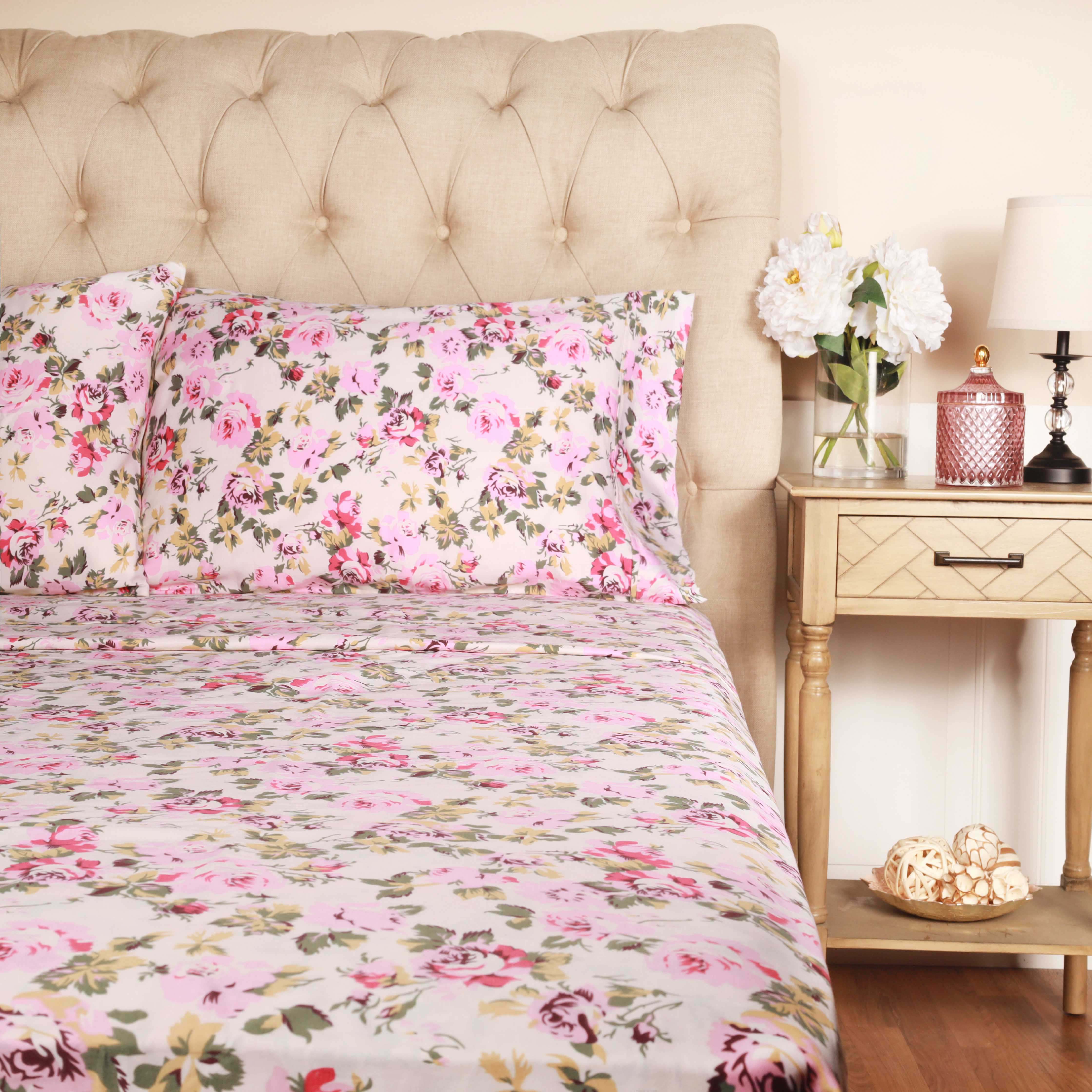 300 Thread Count Cotton Vintage Solid or Floral Bellflower Sheet Set - Queen Size Bedding for Comfortable Sleep - Perfect for Master Bedroom, Guest Room & Dorm
