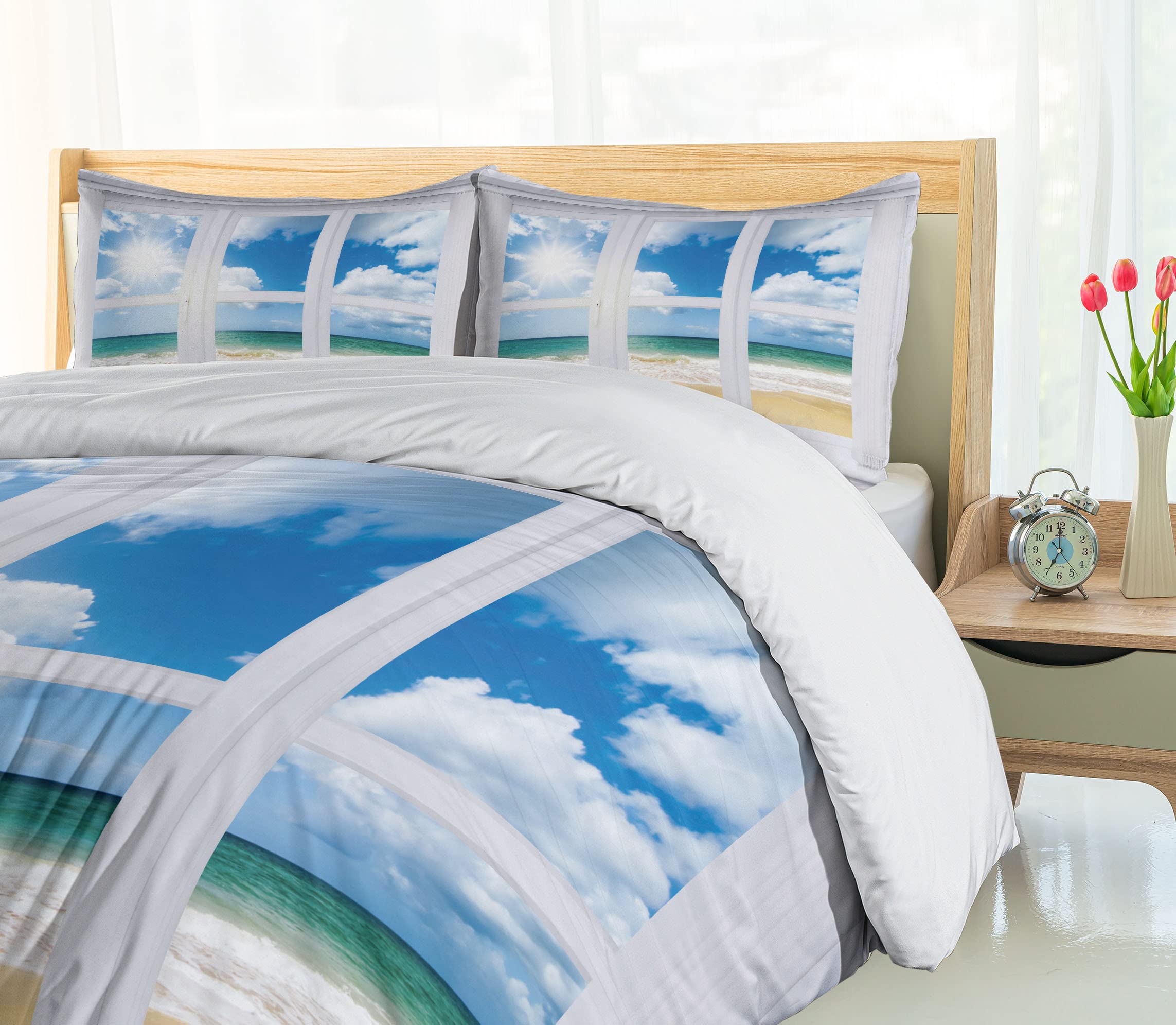 Ambesonne Beach Duvet Cover Set - Queen Size 3 Piece Coastal Bedding with 2 Pillow Shams, Ocean View & Sandy Cloudscape Design in Blue Teal Sand Brown - Perfect for Beach House Decor, Coastal Bedroom Theme & Vacation Home Styling
