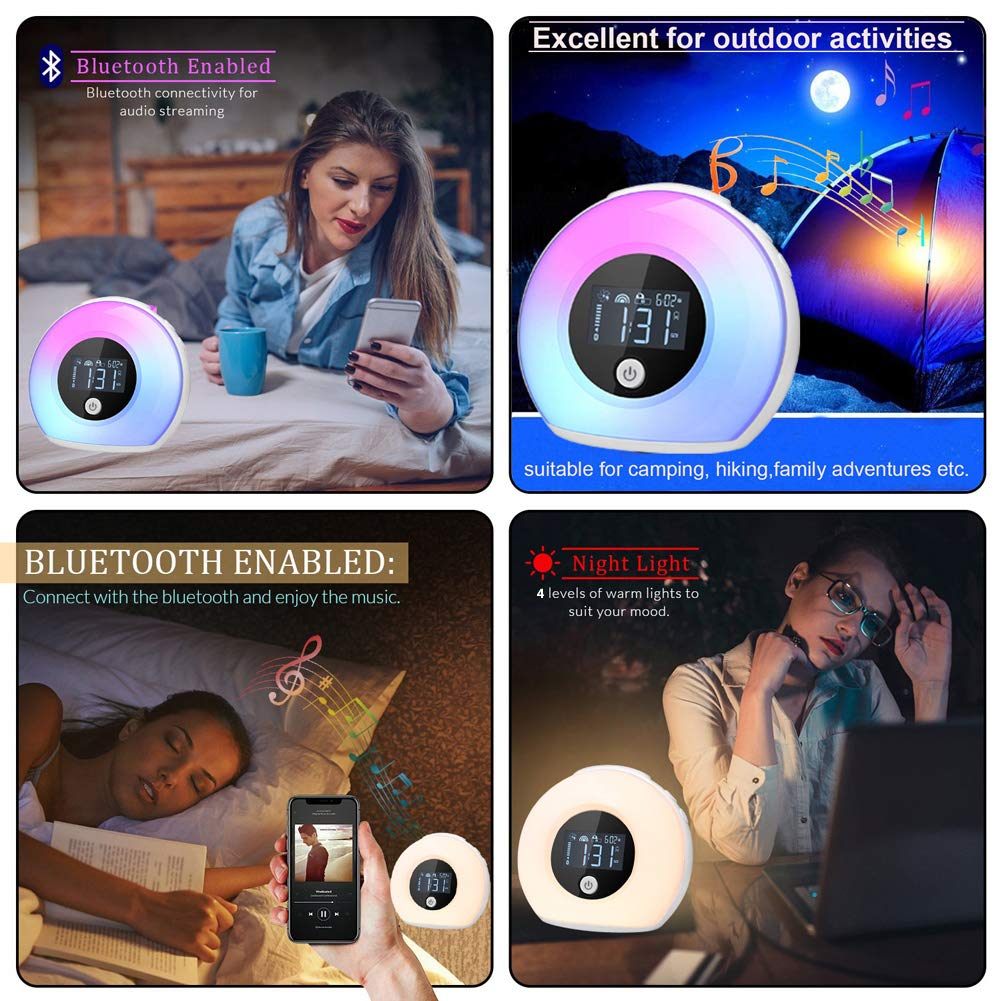Wake Up Light Bluetooth Speaker - Dimmable Table Lamp Alarm Clock with Warm & Colorful LED Lights, Wireless Music Player for Bedroom, Kids Room, Party & Camping | Perfect for Morning Wake-Up, Night Light & Mood Lighting