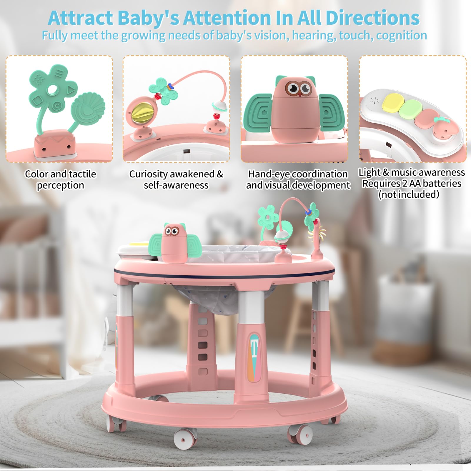 Adjustable Baby Walker for 6-12 Months - 5 Height Settings, 360° Swivel Seat with Music & Detachable Toys | Safe Activity Center for Boys & Girls (Pink) | Perfect for Learning to Walk & Indoor Play
