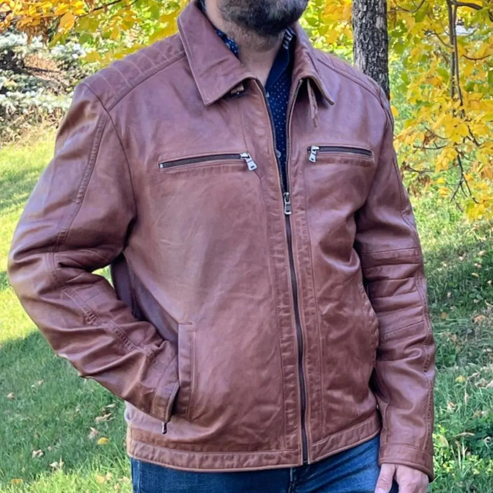Men's Genuine Lamb Leather Jacket with 4 Pockets - Classic Vintage Style for Casual Wear & Outdoor Activities