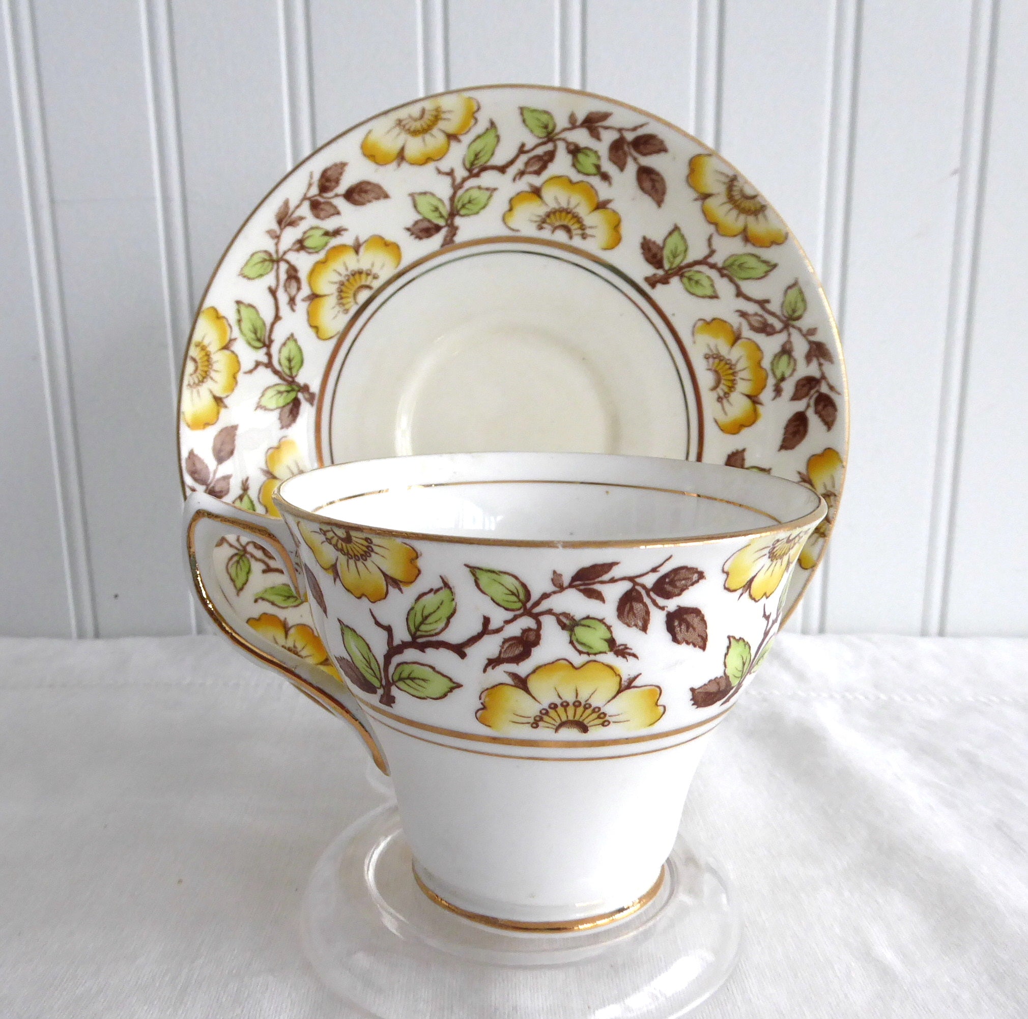Vintage Rosina England Hand-Painted Floral Tea Cup and Saucer Set - Yellow Dog Roses Brown Transferware for Afternoon Tea, Collectible English Bone China
