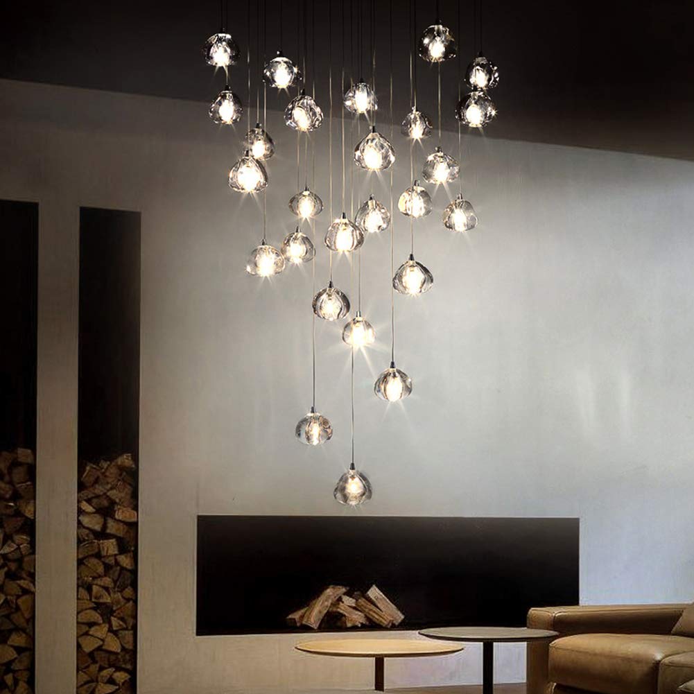 Modern Crystal Chandelier LED Pendant Light - 26-Light Square Raindrop Ceiling Fixture with Crystal Balls (19.7